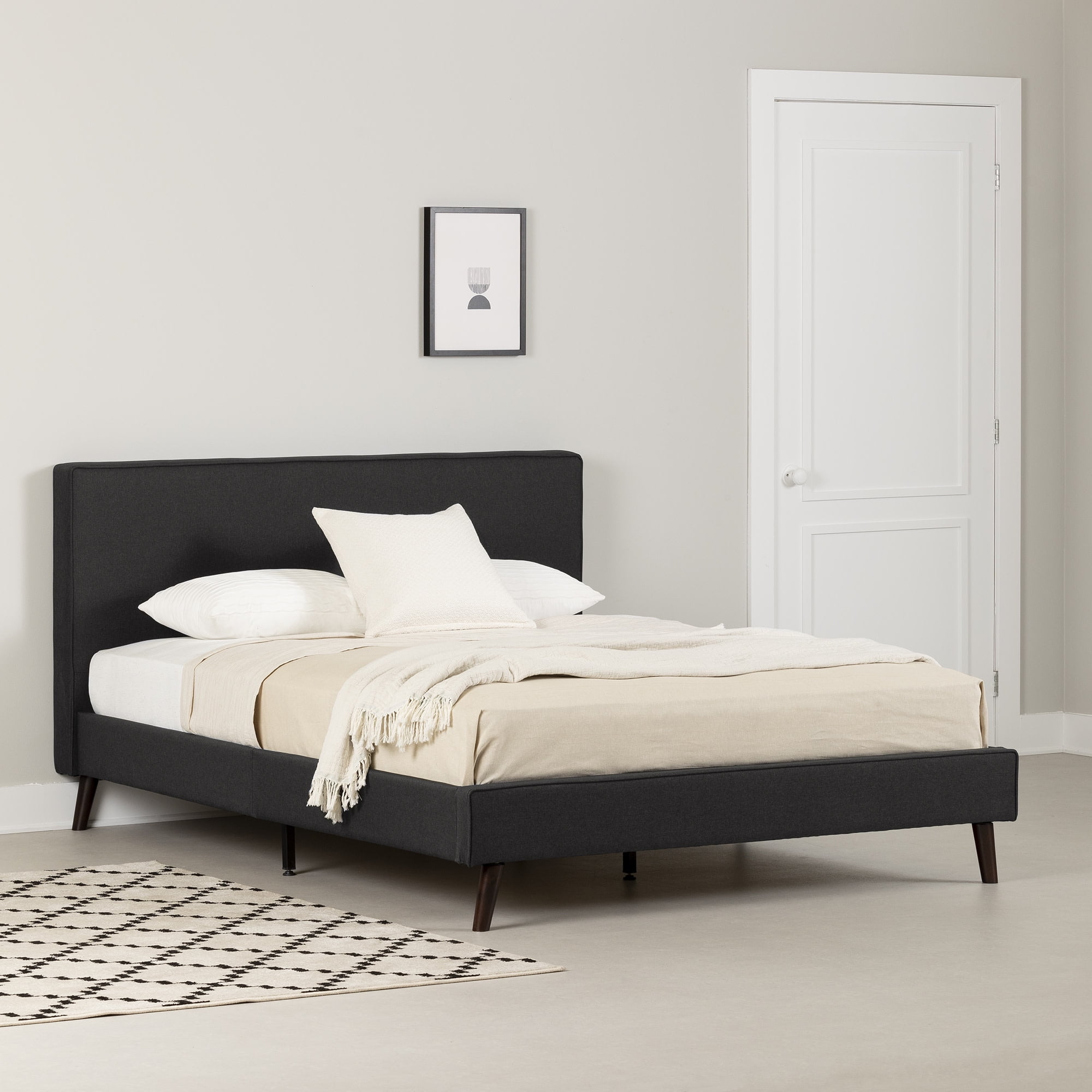 Queen Matte Charcoal Upholstered Bed with Headboard and Slats