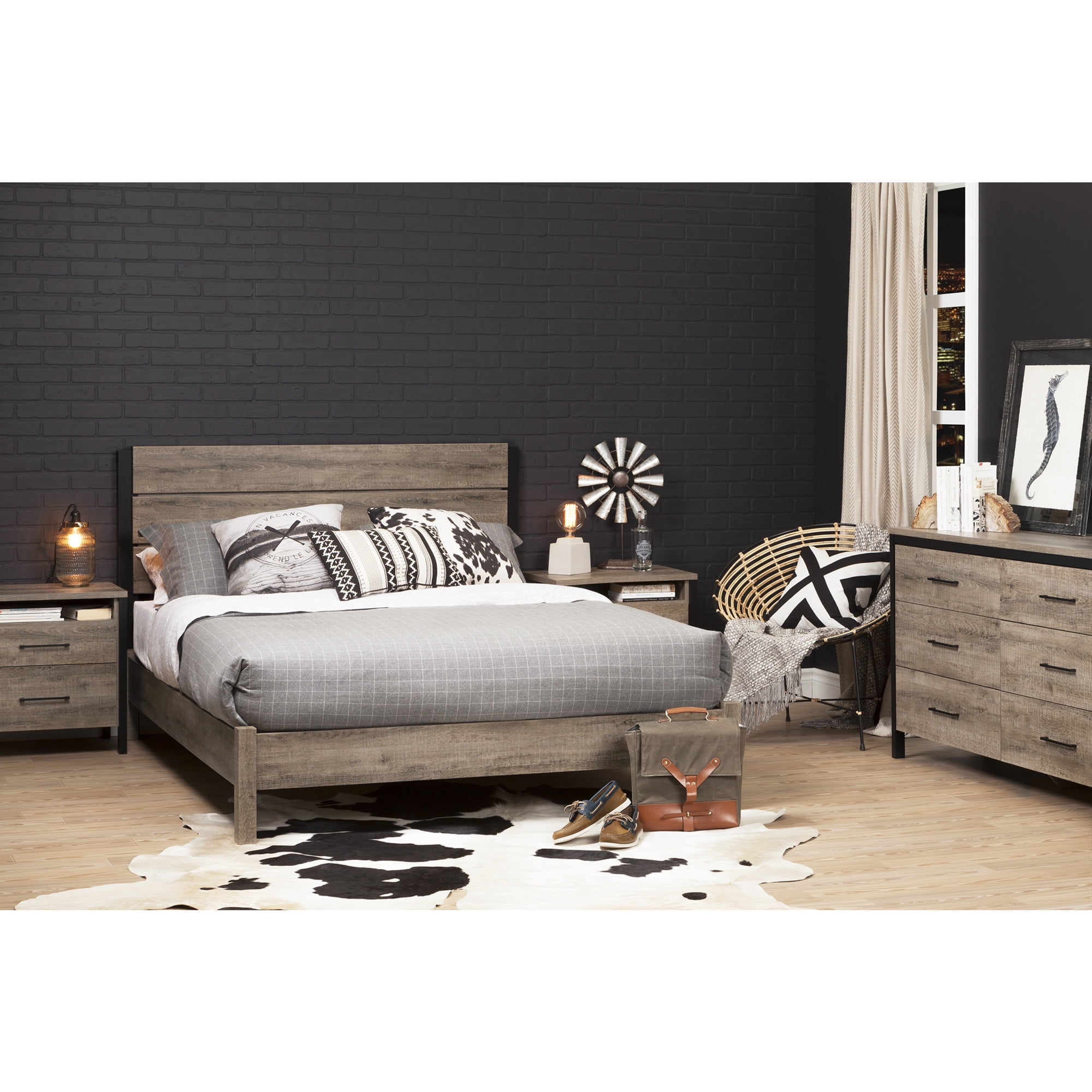 Weathered Oak and Matte Black Industrial Double Dresser with Soft Close Drawer
