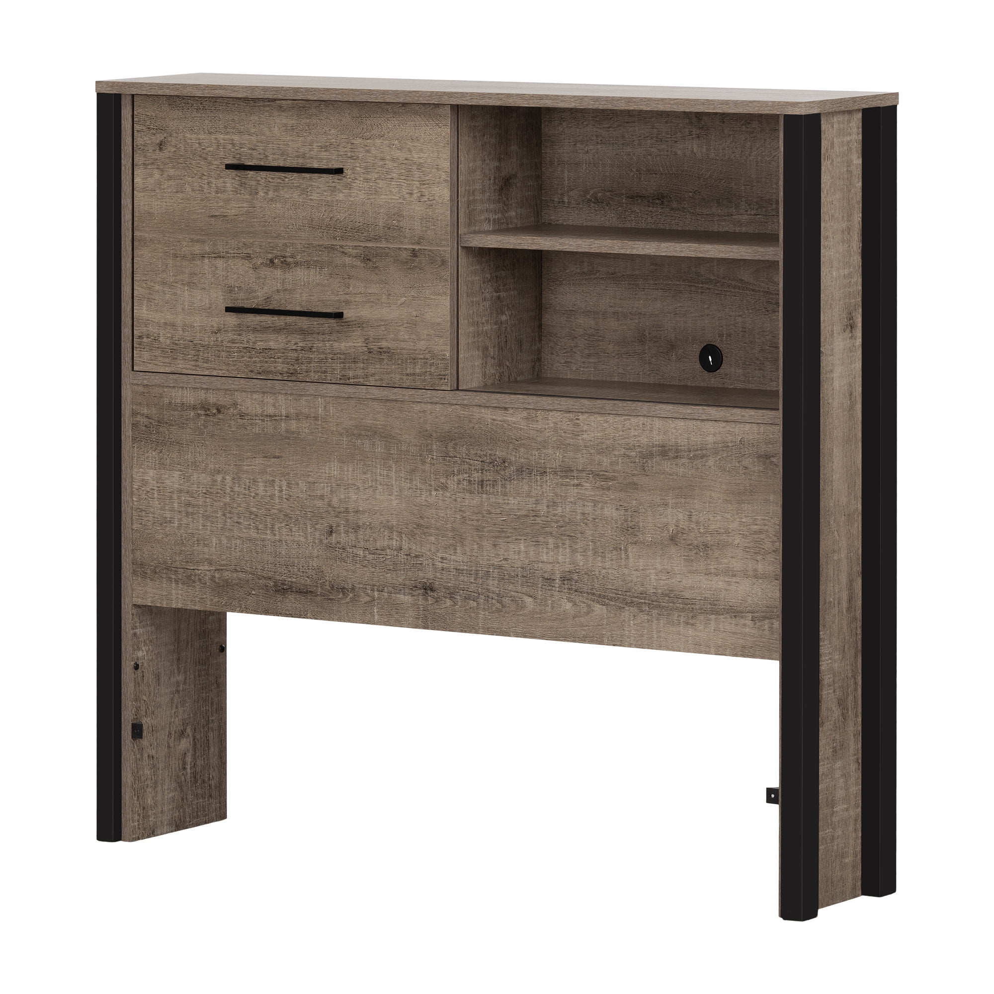 Twin Weathered Oak and Matte Black Wood Headboard with Storage
