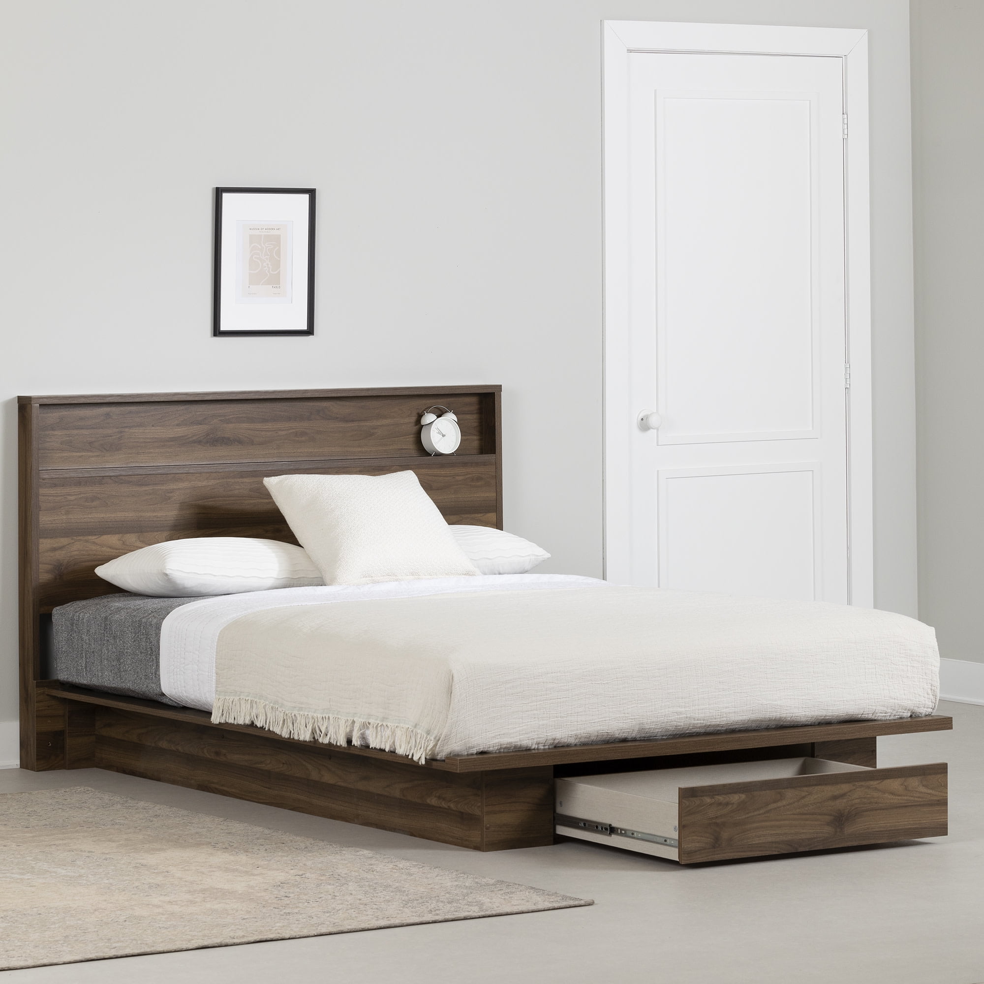 Natural Walnut Queen Bed with Storage Drawer and Headboard