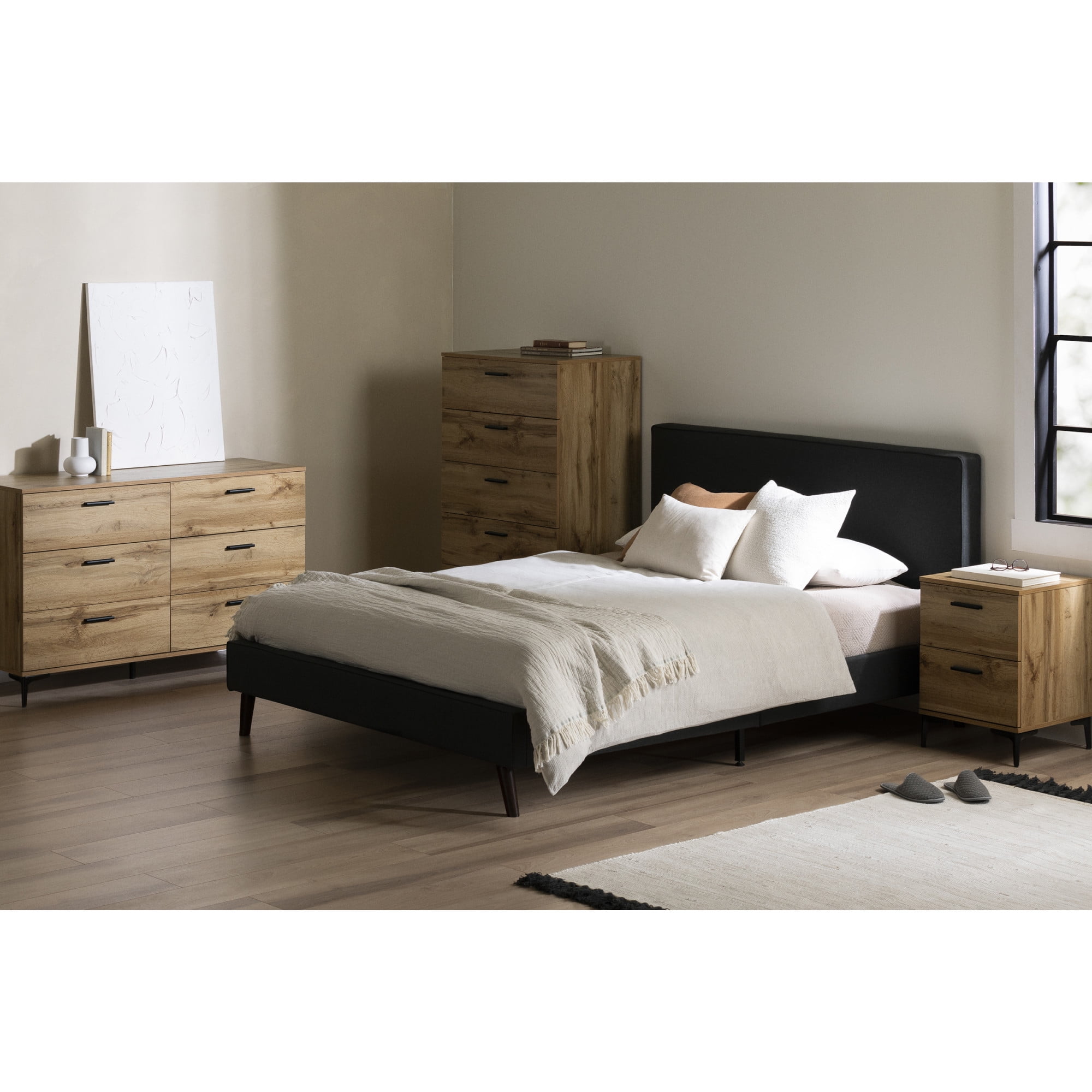 Matte Charcoal Upholstered Queen Bed with Headboard and Slats