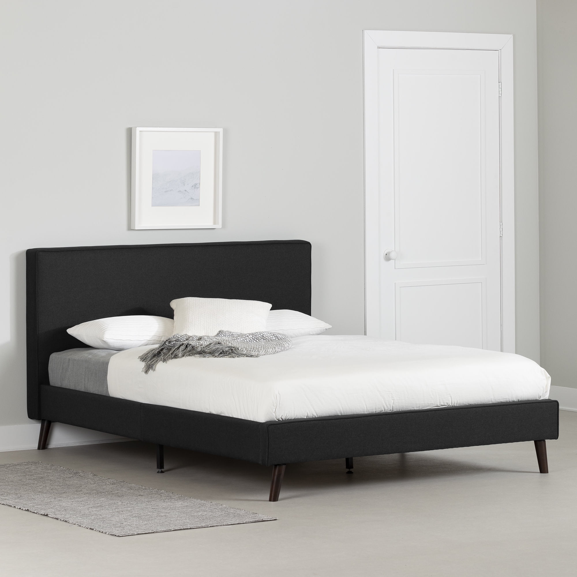 Matte Charcoal Upholstered Queen Bed with Headboard and Slats