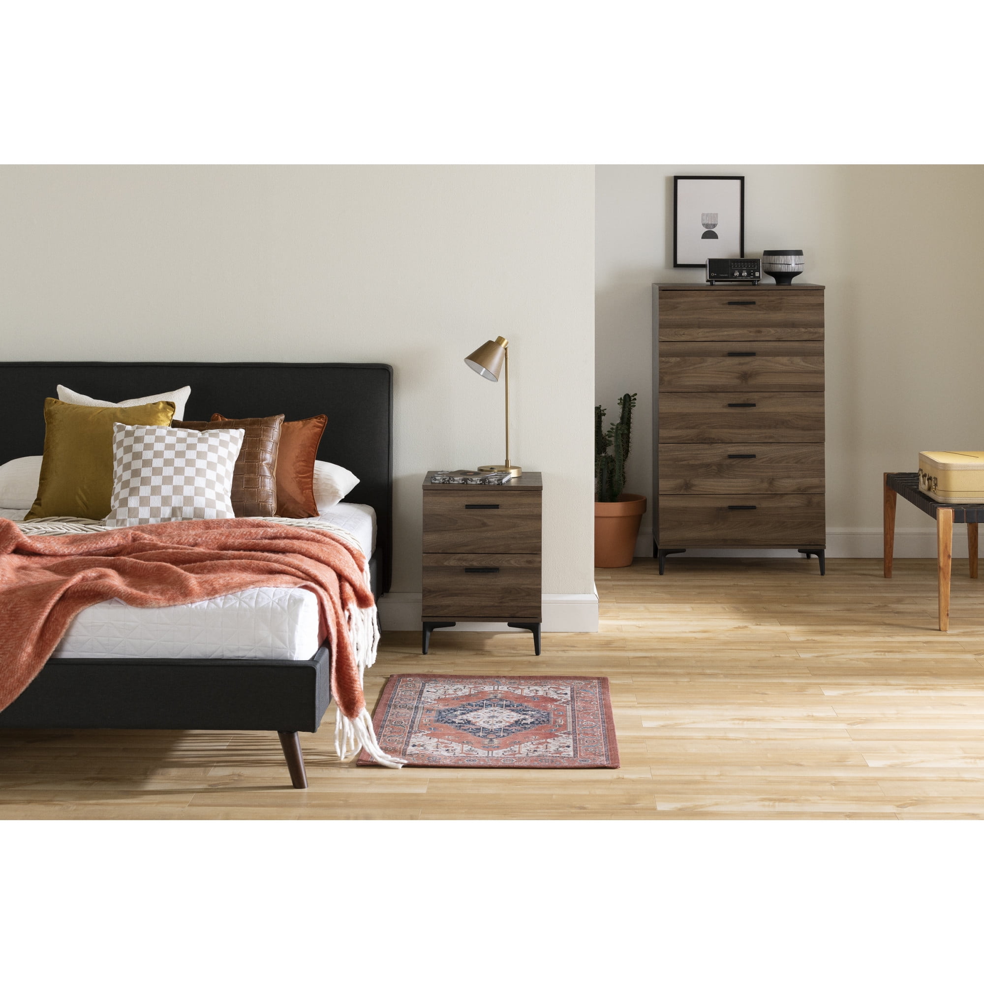 Natural Walnut Vertical 5-Drawer Chest with Metal Legs