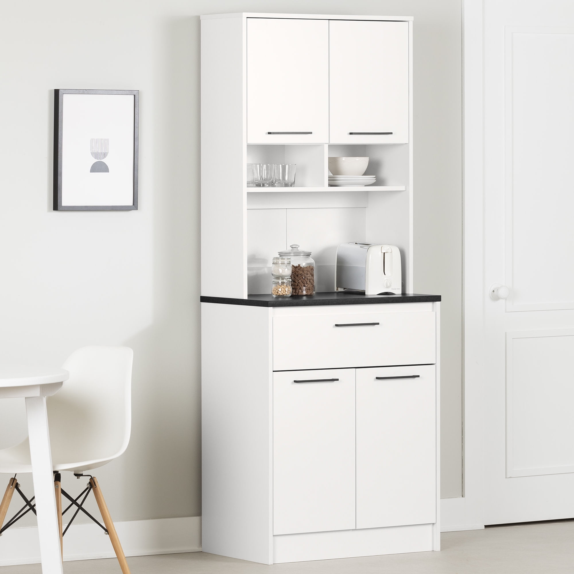 Faux Black Stone and White Kitchen Pantry Cabinet with Hutch