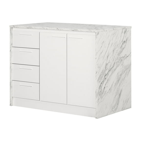 South Shore Myro, Contemporary Kitchen Island, Faux White Marble and White