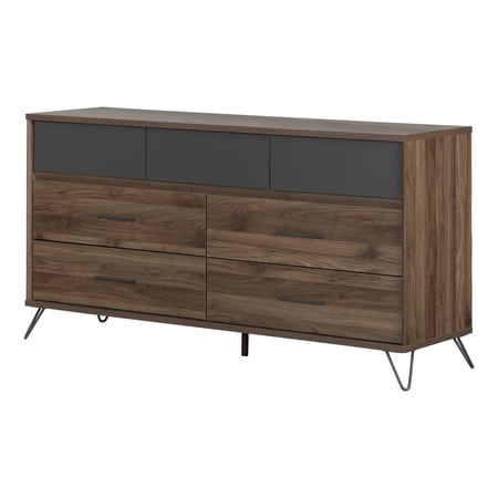 South Shore Olvyn 7-Drawer Double Dresser Storage Unit Natural Walnut Charcoal