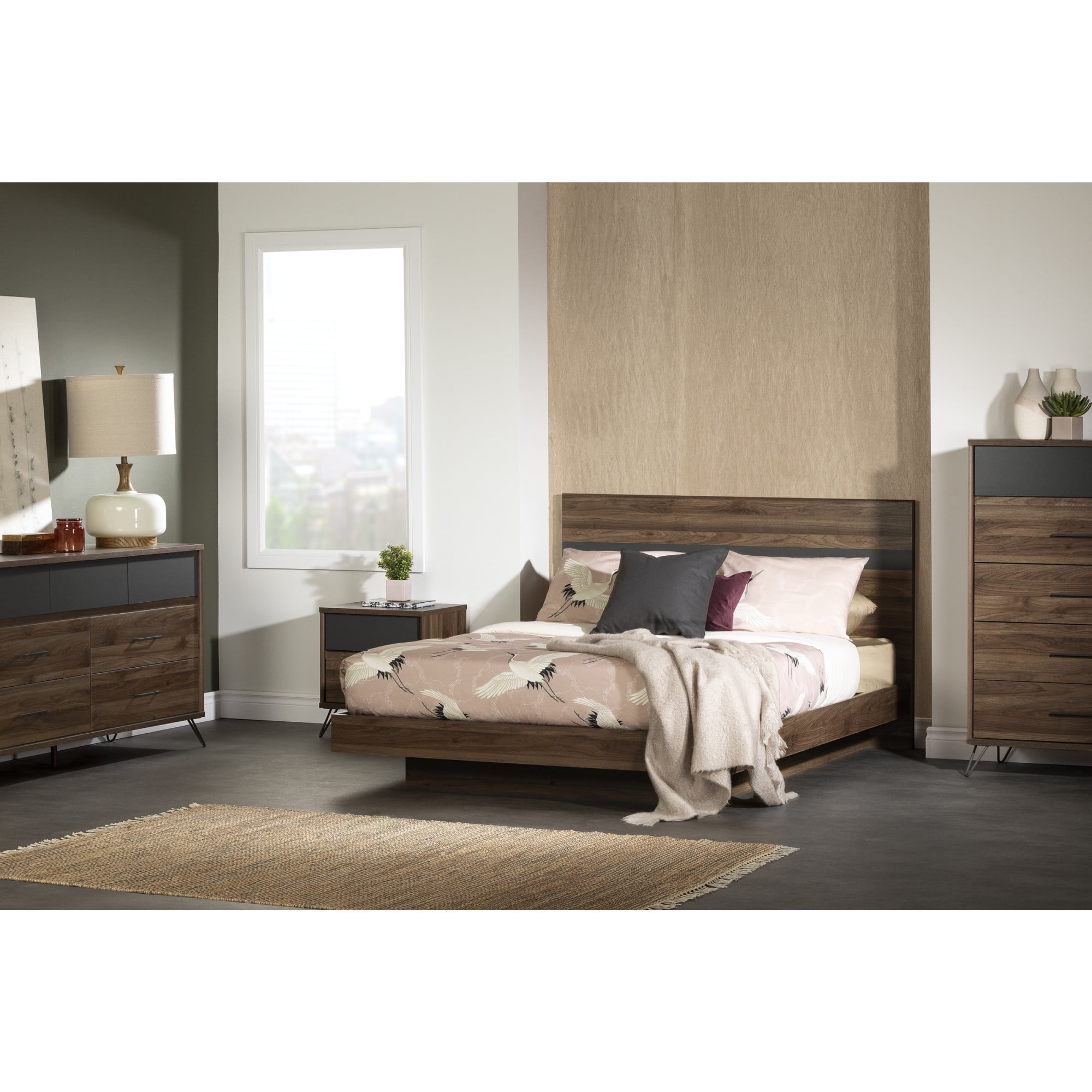 Olvyn Scandinavian 5-Drawer Tall Chest in Natural Walnut and Charcoal