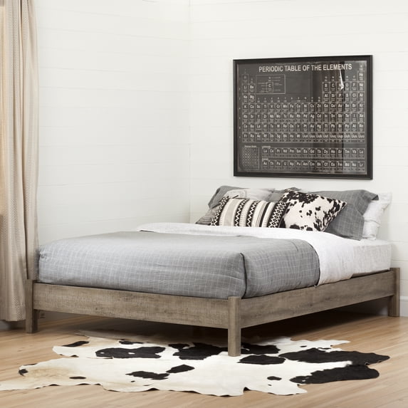 South Shore Platform Queen Bed on Legs- Rustic Style Weathered Oak