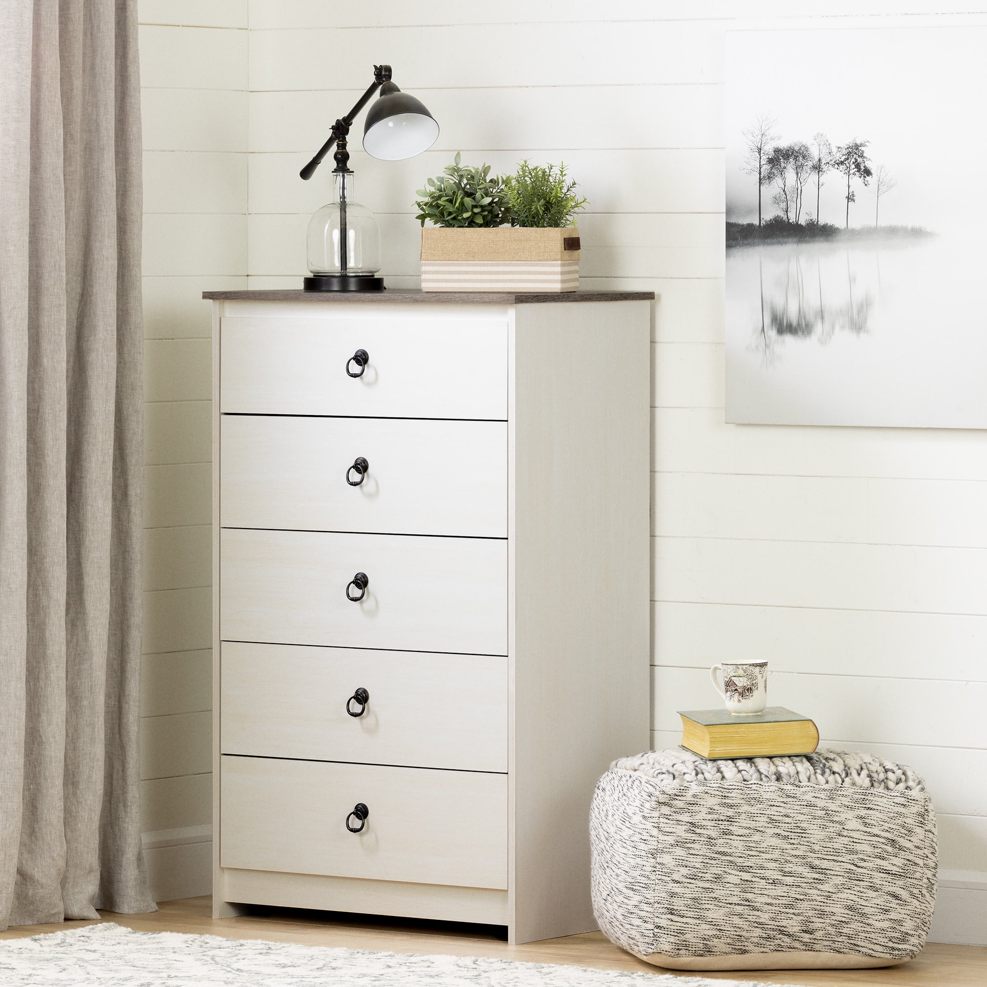 South Shore Furniture Plenny 5-Drawer Chest, White Wash and Weathered Oak, W29.75 x D19 x H48.75