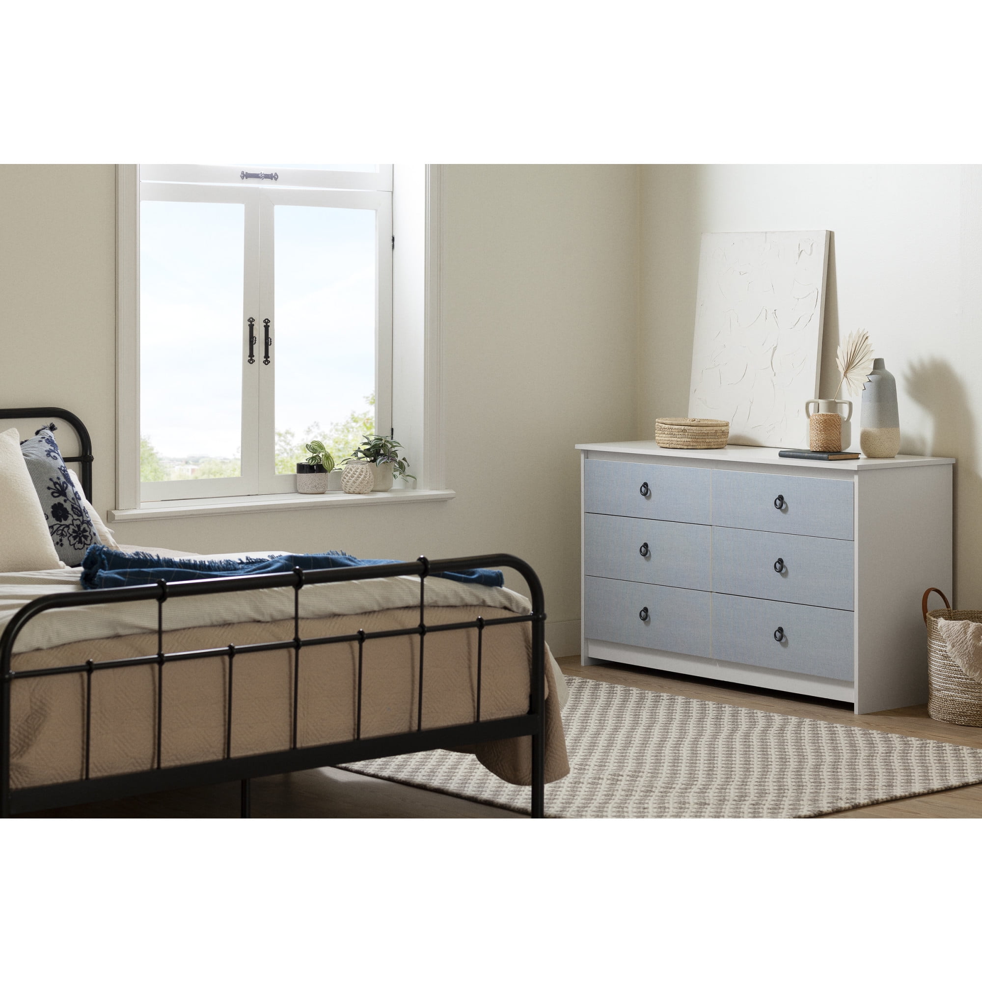 Plenny White and Blue 6-Drawer Double Dresser