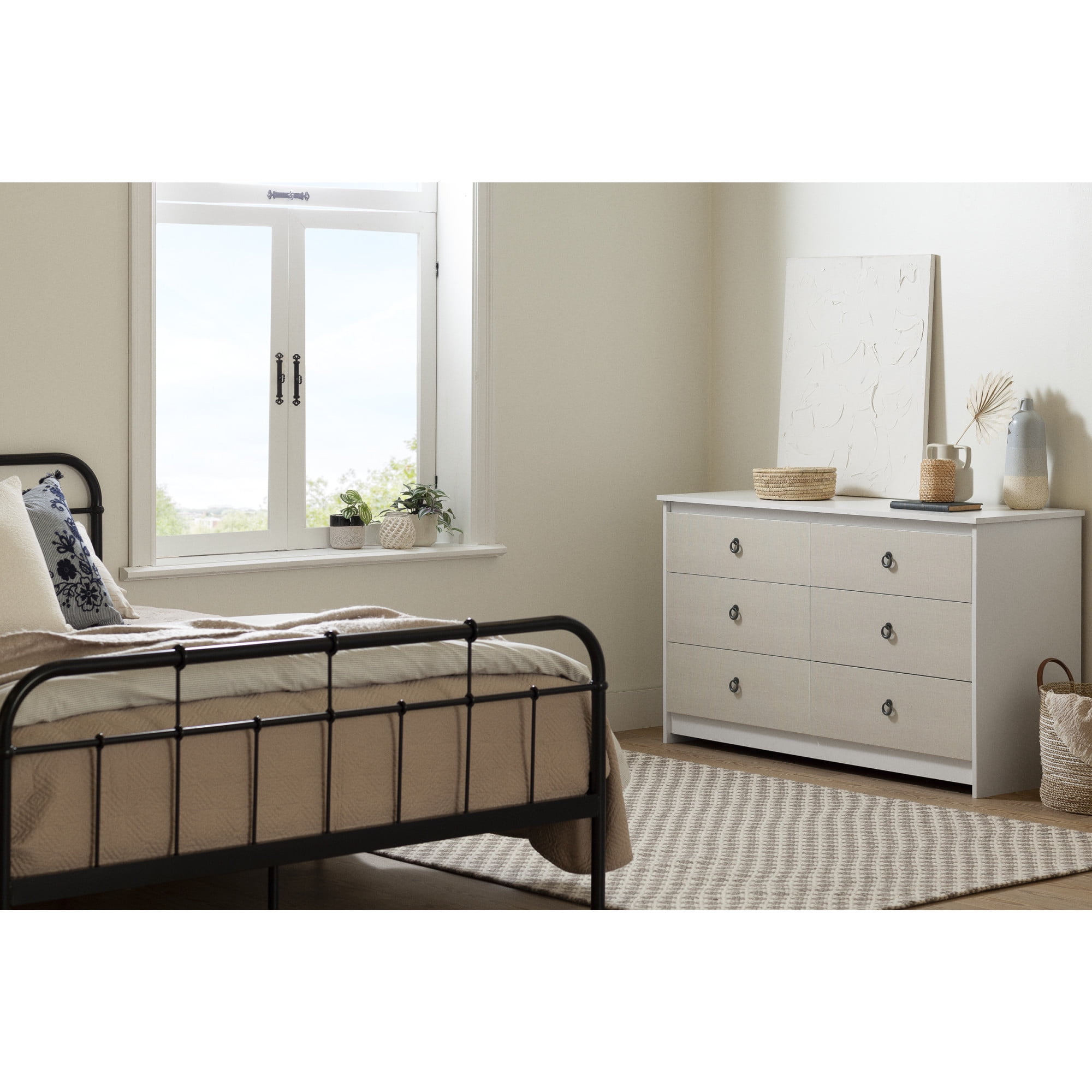White and Blue Double 6-Drawer Dresser with Metal Handles