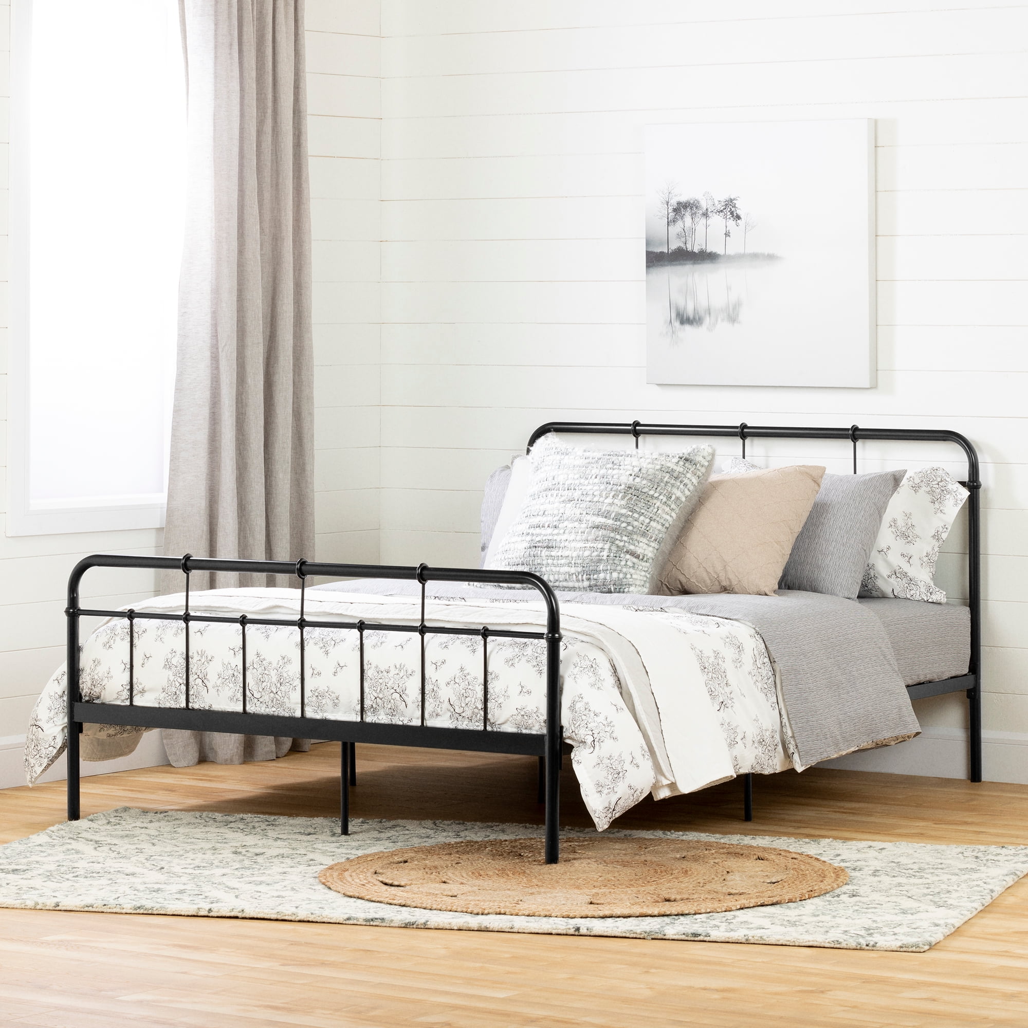Black Metal Queen Platform Bed with Headboard and Footboard
