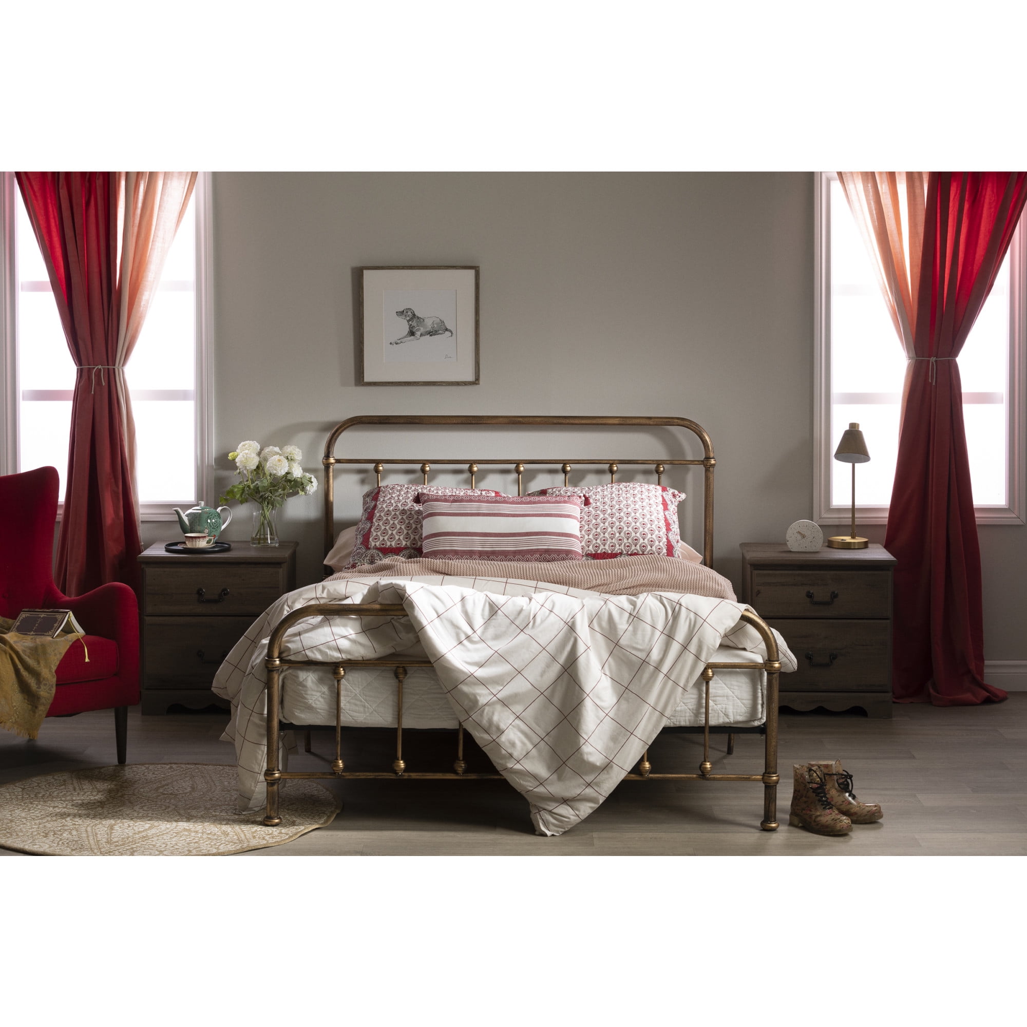 Prairie Queen Bronze Metal Platform Bed with Upholstered Headboard