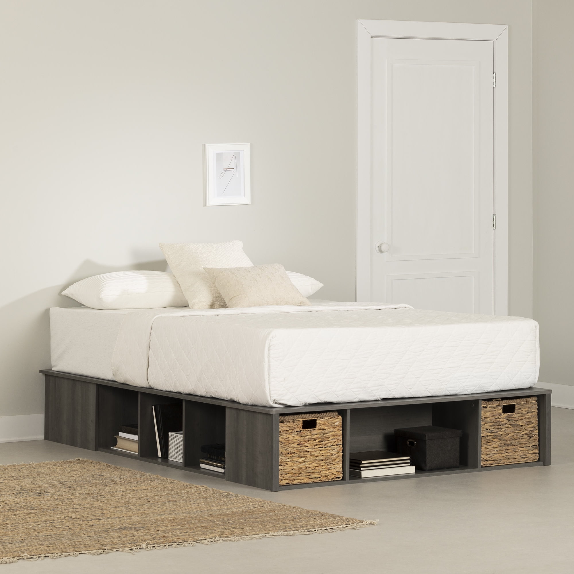 Gray Maple Queen Storage Bed with Wicker Baskets