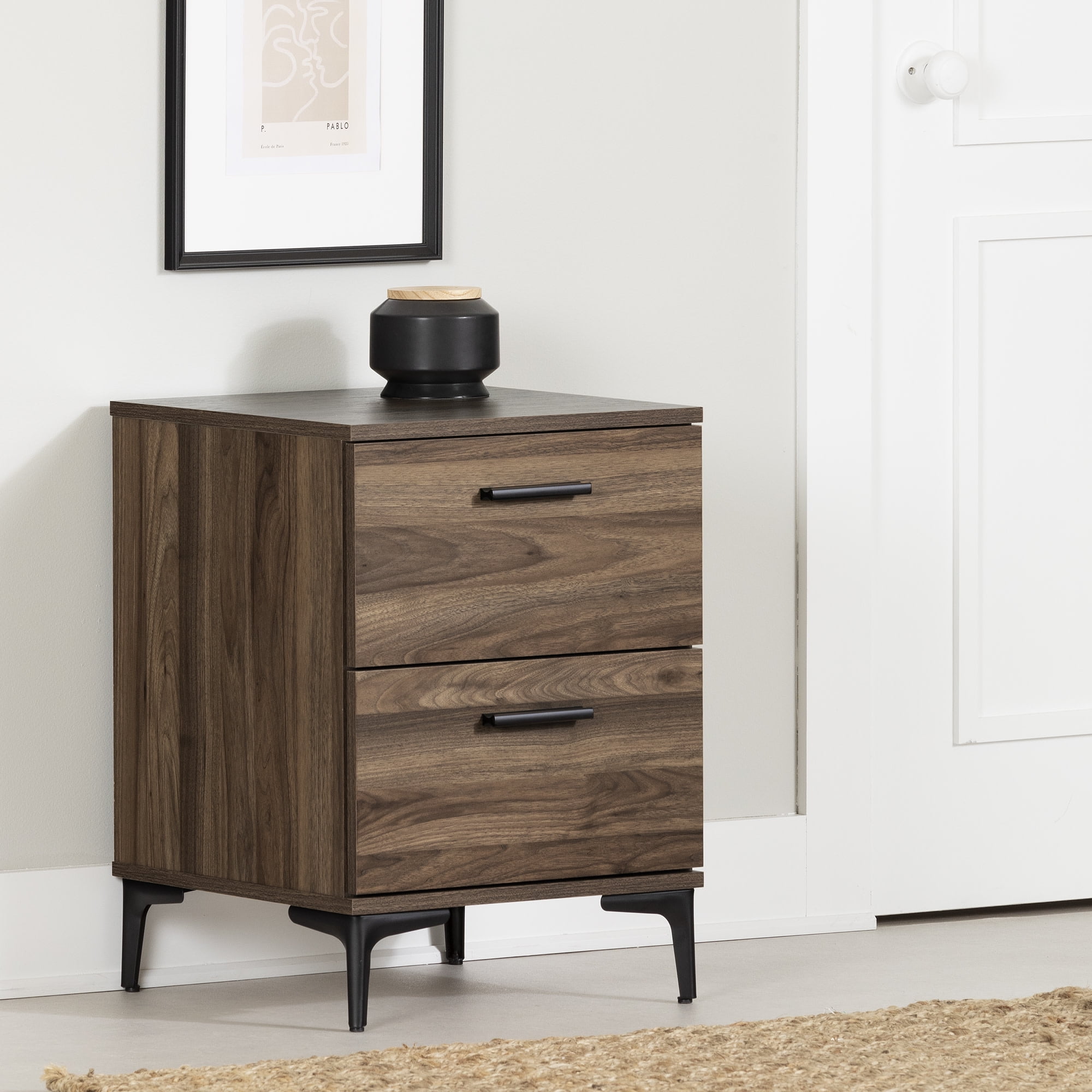 Natural Walnut 2-Drawer Side Table with Metal Legs