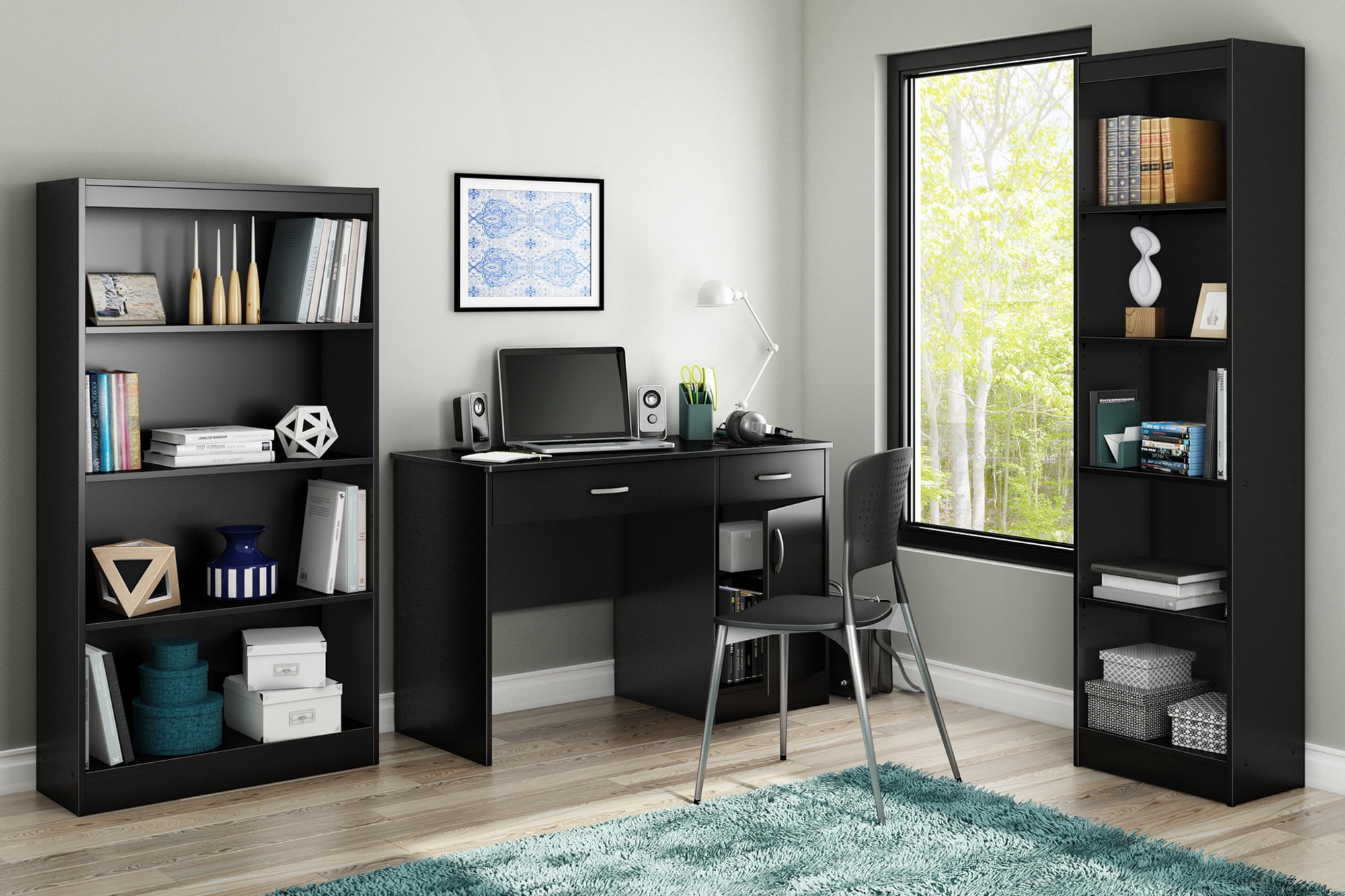 Axess Pure Black Wooden Computer Desk with Drawers and Filing Cabinet