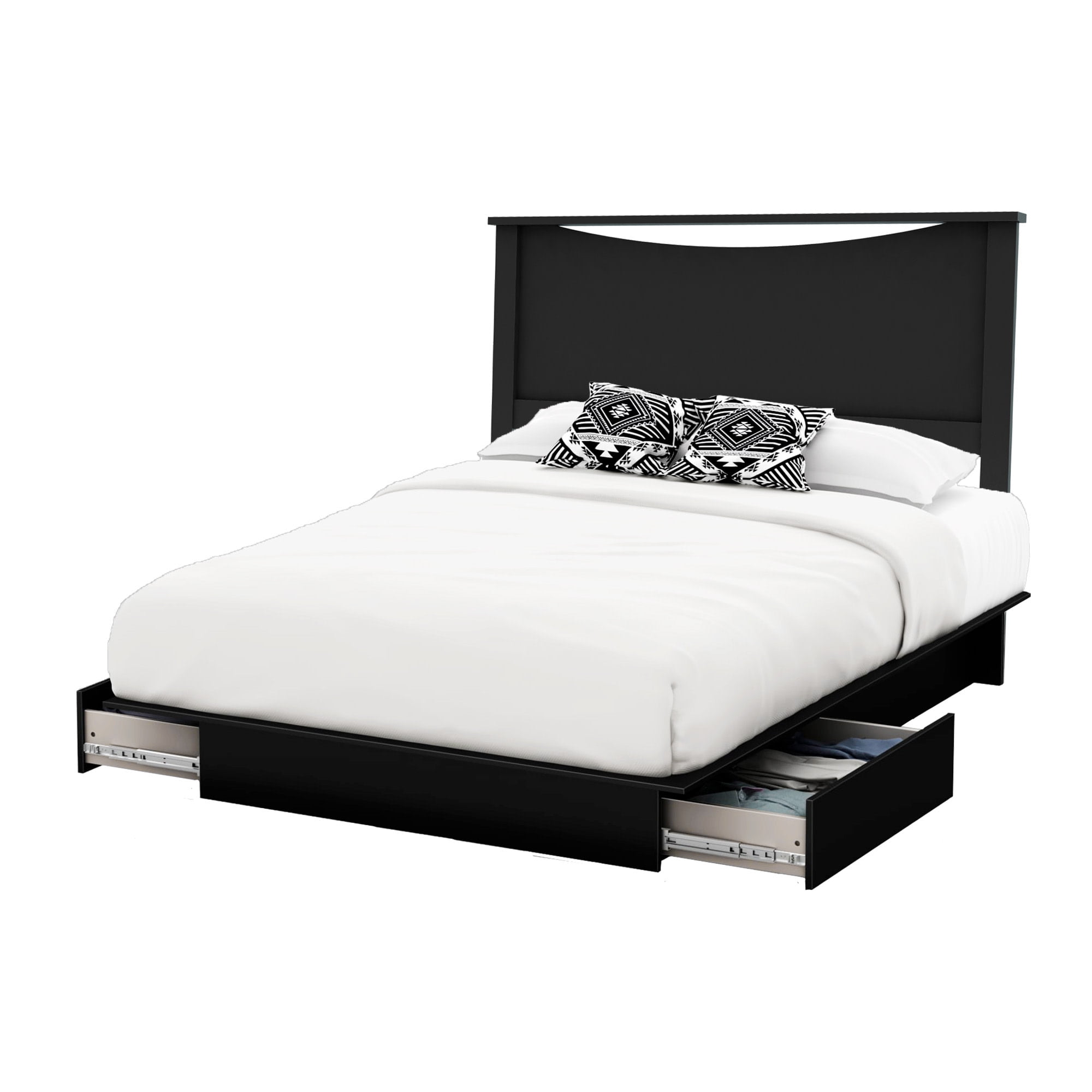 Pure Black Queen Platform Bed with Upholstered Headboard and Storage Drawers