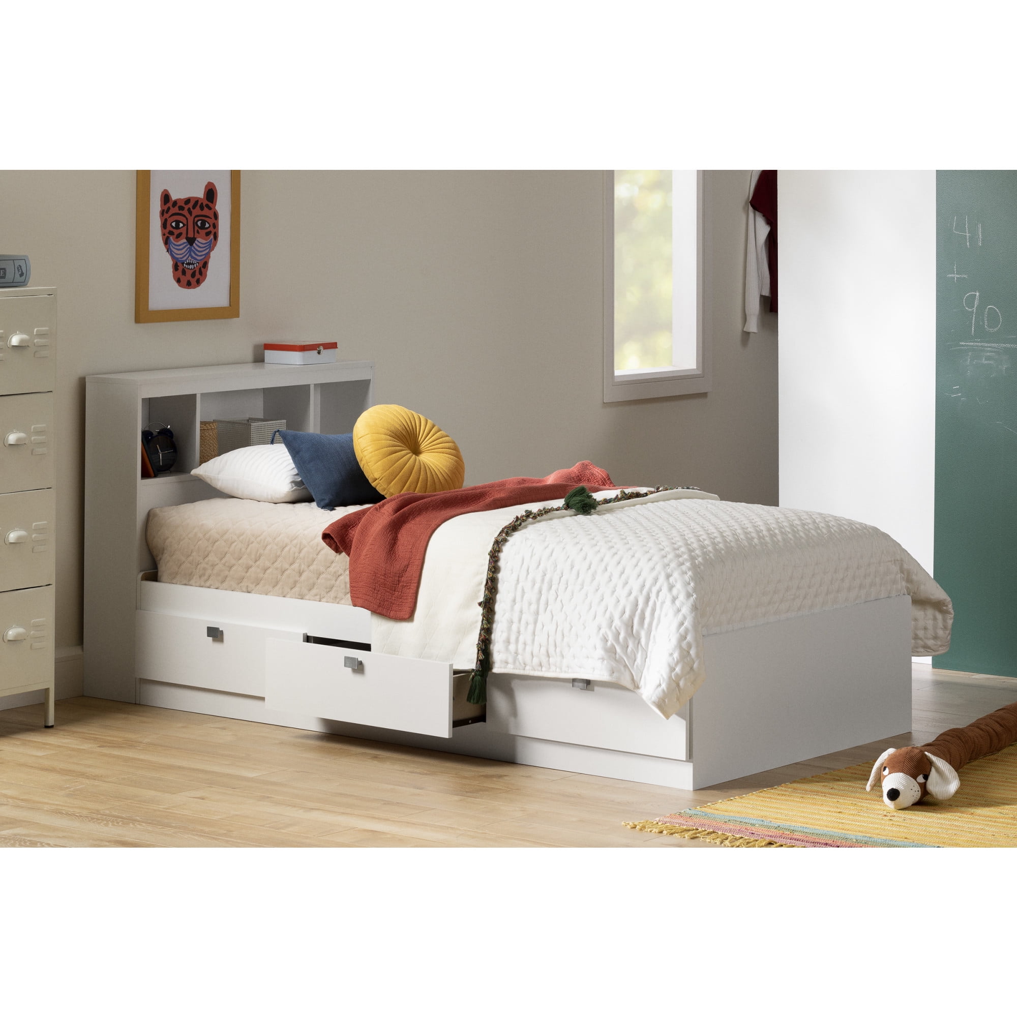 Pure White Twin Captain's Bed with Storage and Bookcase Headboard
