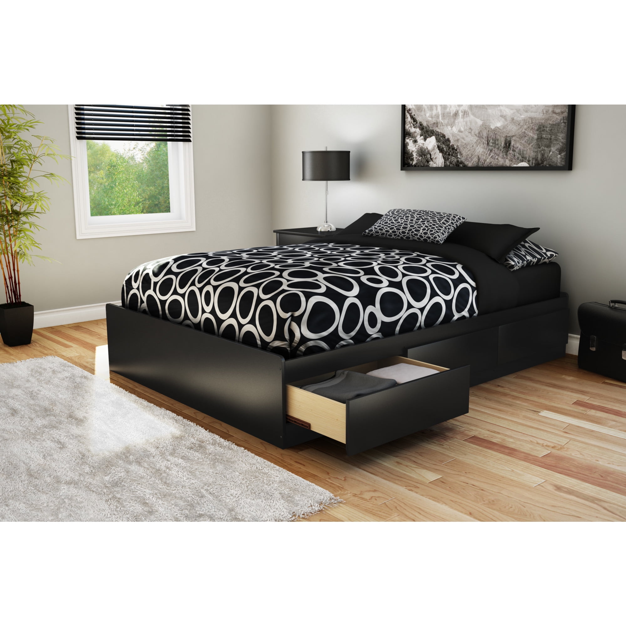 Black Full Platform Bed with Storage Drawers
