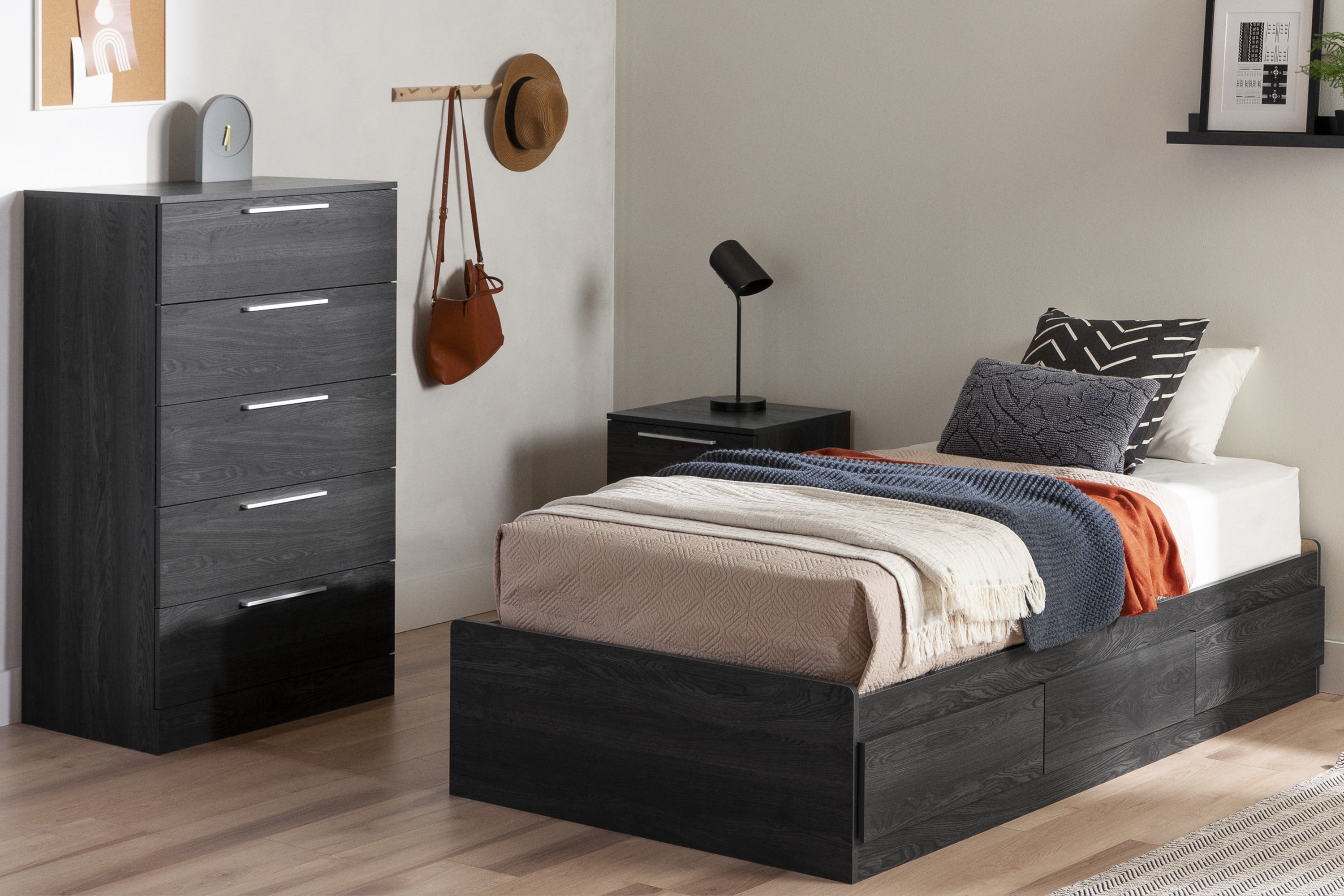 Twin Gray Oak Platform Bed with 3 Storage Drawers