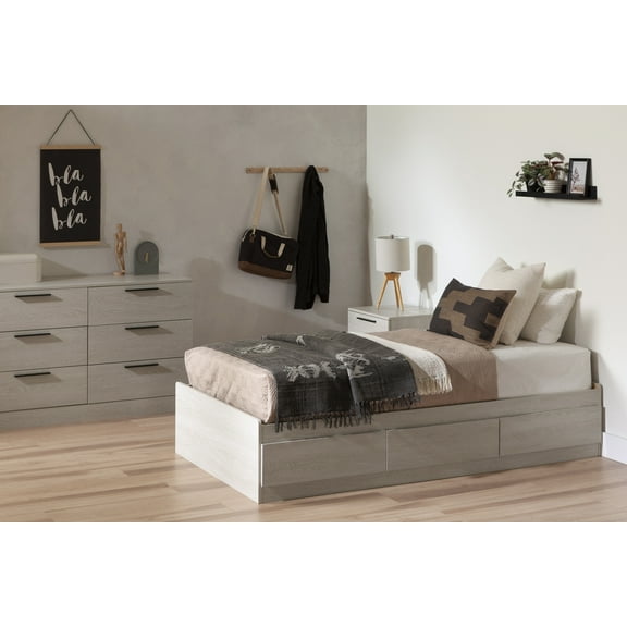 South Shore Step One Essential Kids Twin Mates Bed with 3 Drawers Winter Oak