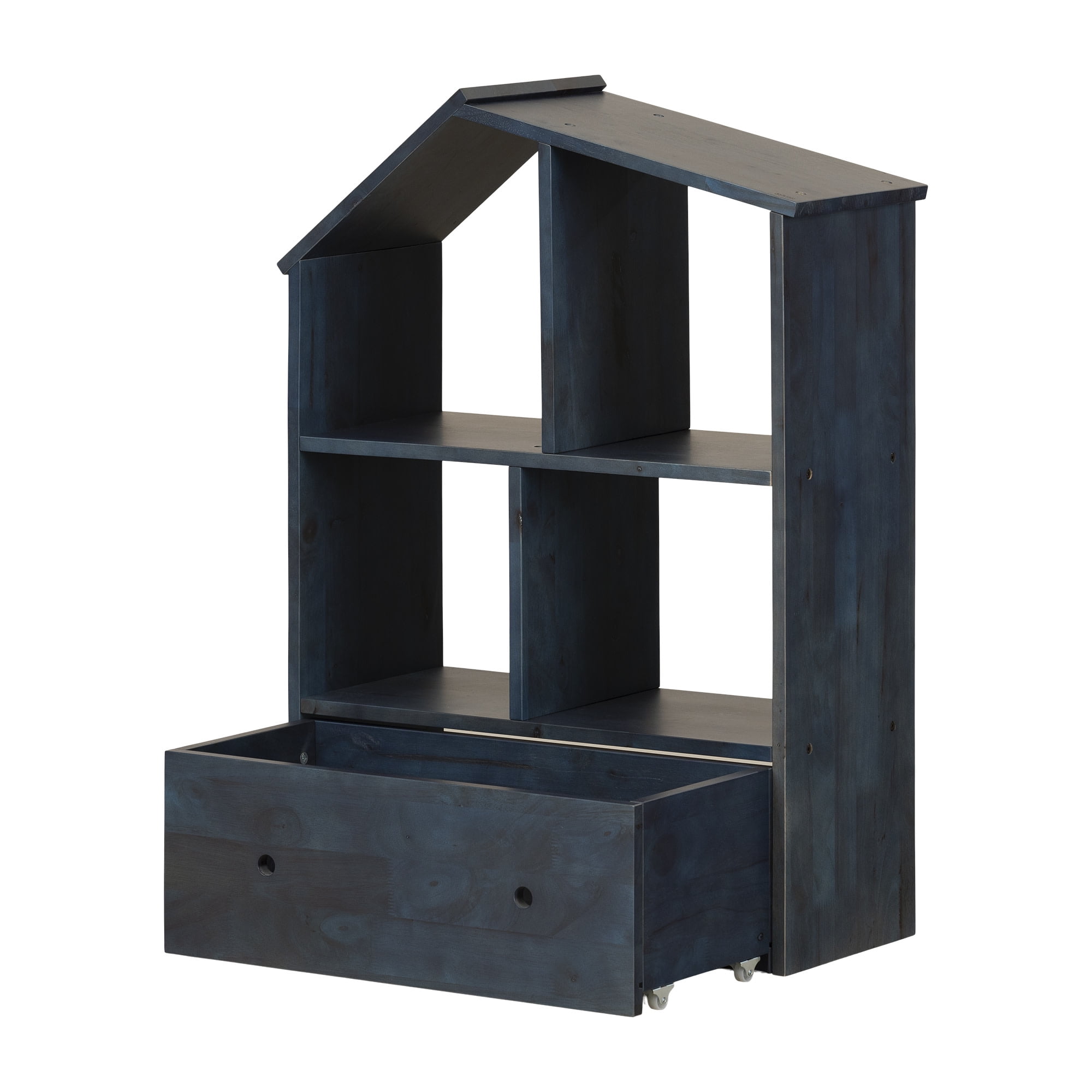 Scandinavian House-Shaped Kids Bookcase with Storage in Dark Blue
