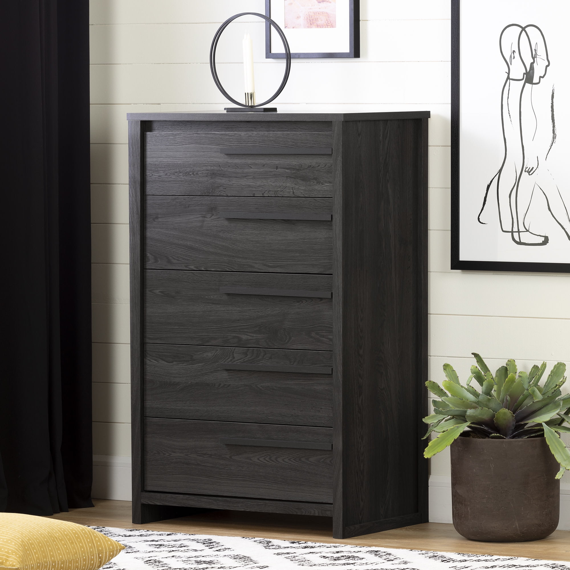 Gray Oak 5-Drawer Vertical Chest with Soft Close Drawer