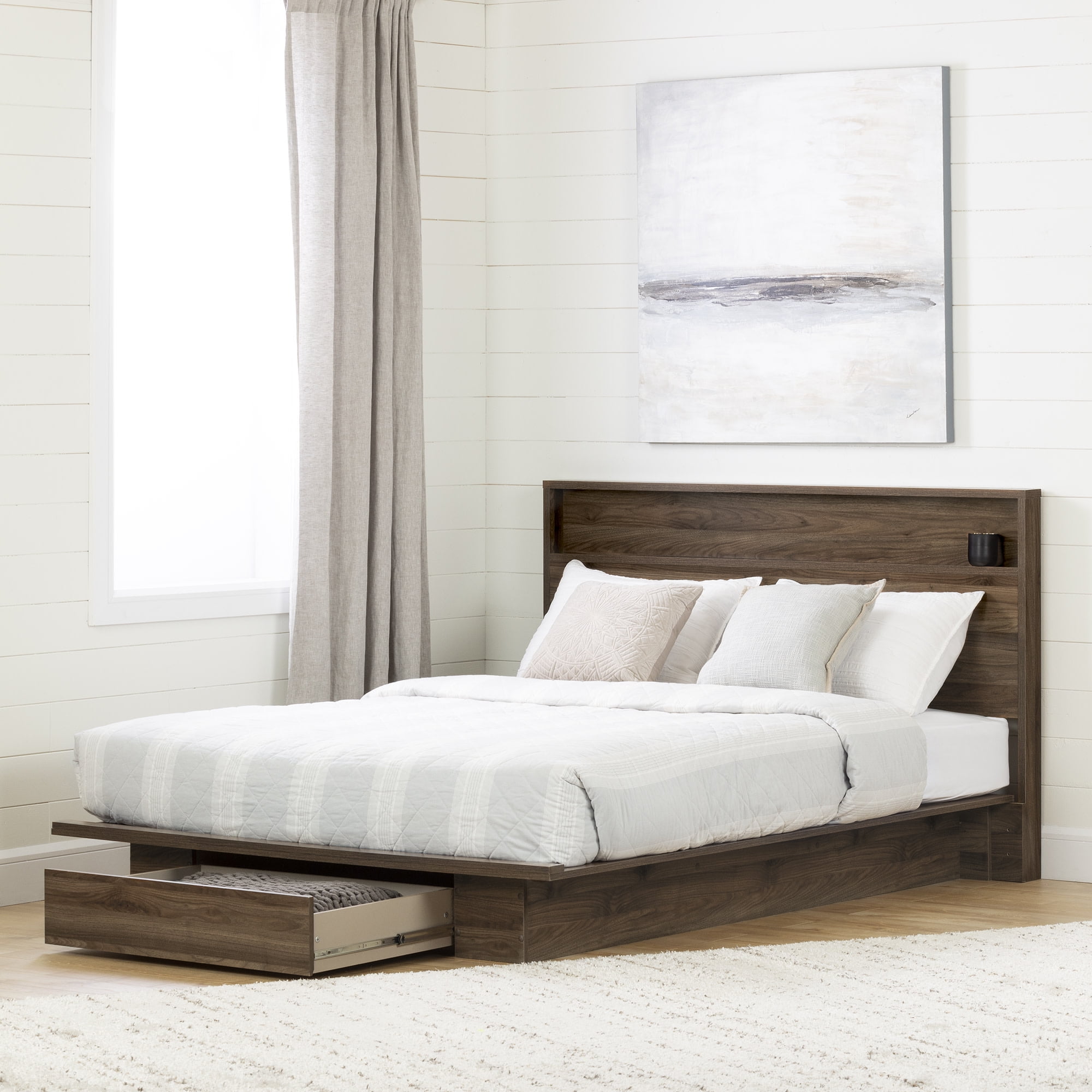 Queen Walnut Wood Frame Platform Bed with Storage Drawer