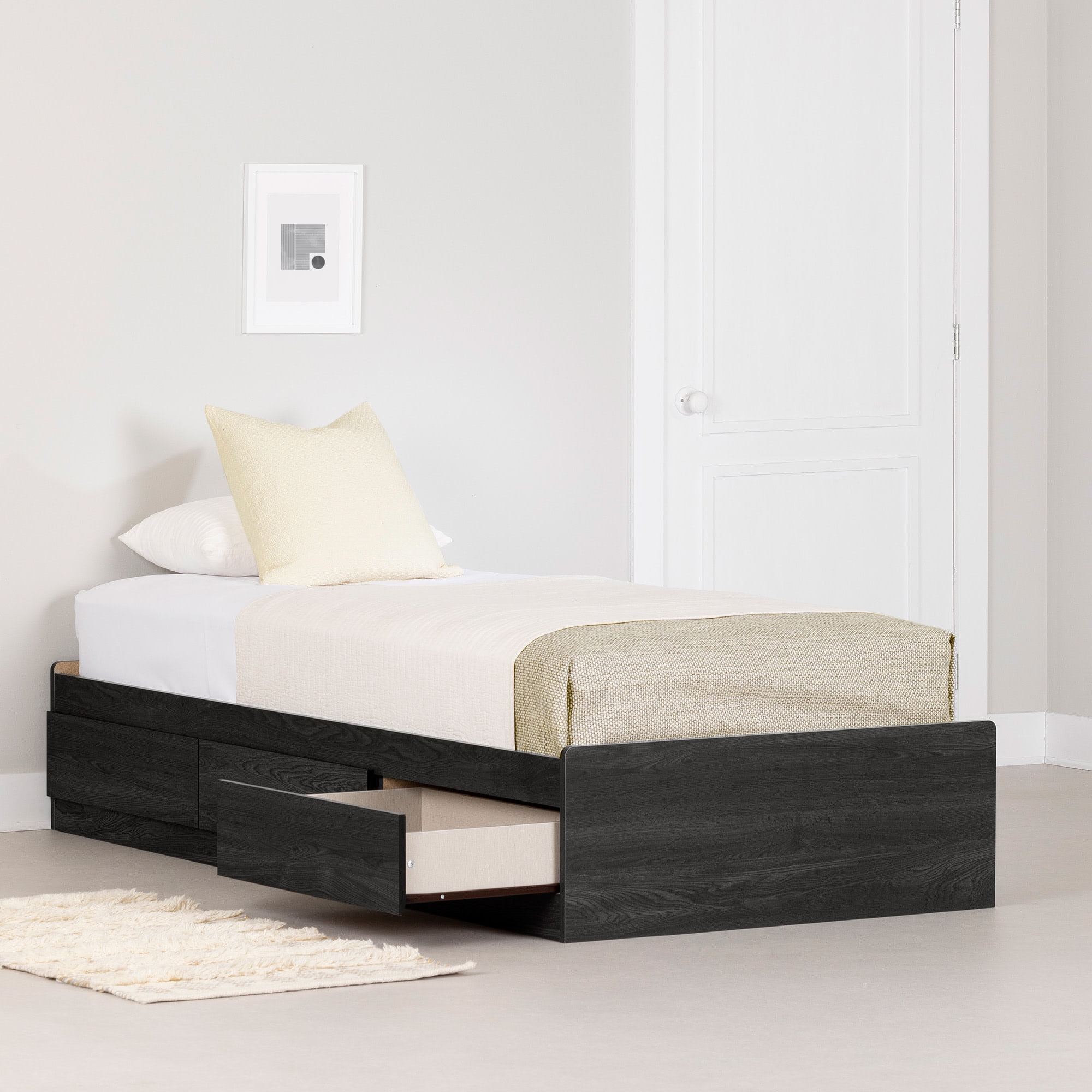 Gray Oak Twin Bed with 3 Storage Drawers