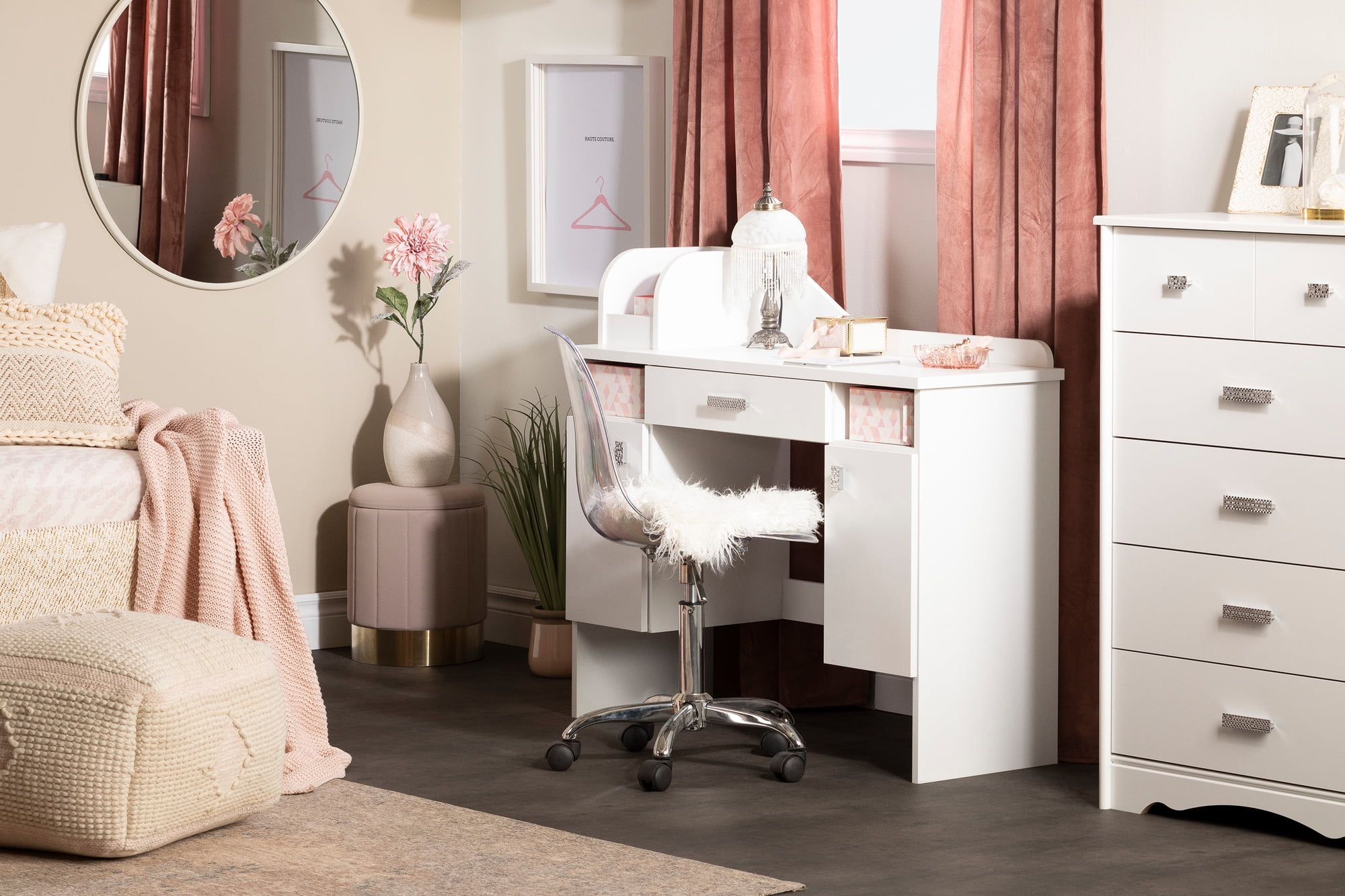 Pure White Kids' Makeup Desk with Storage Baskets
