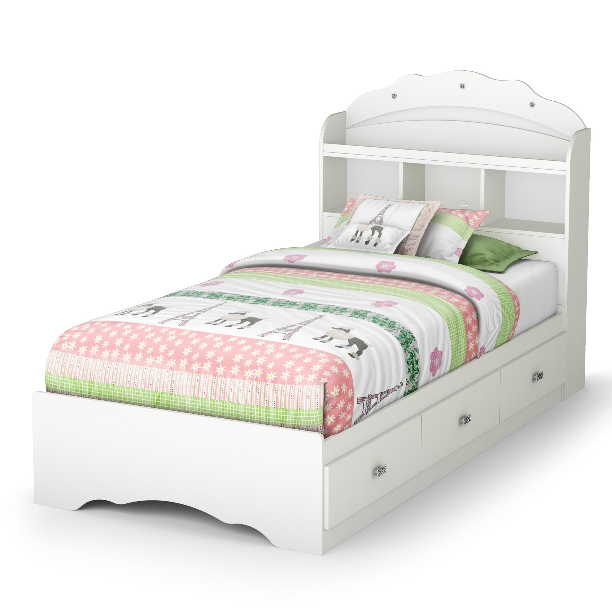 Pure White Twin Captain's Bed with Bookcase Headboard and Drawers