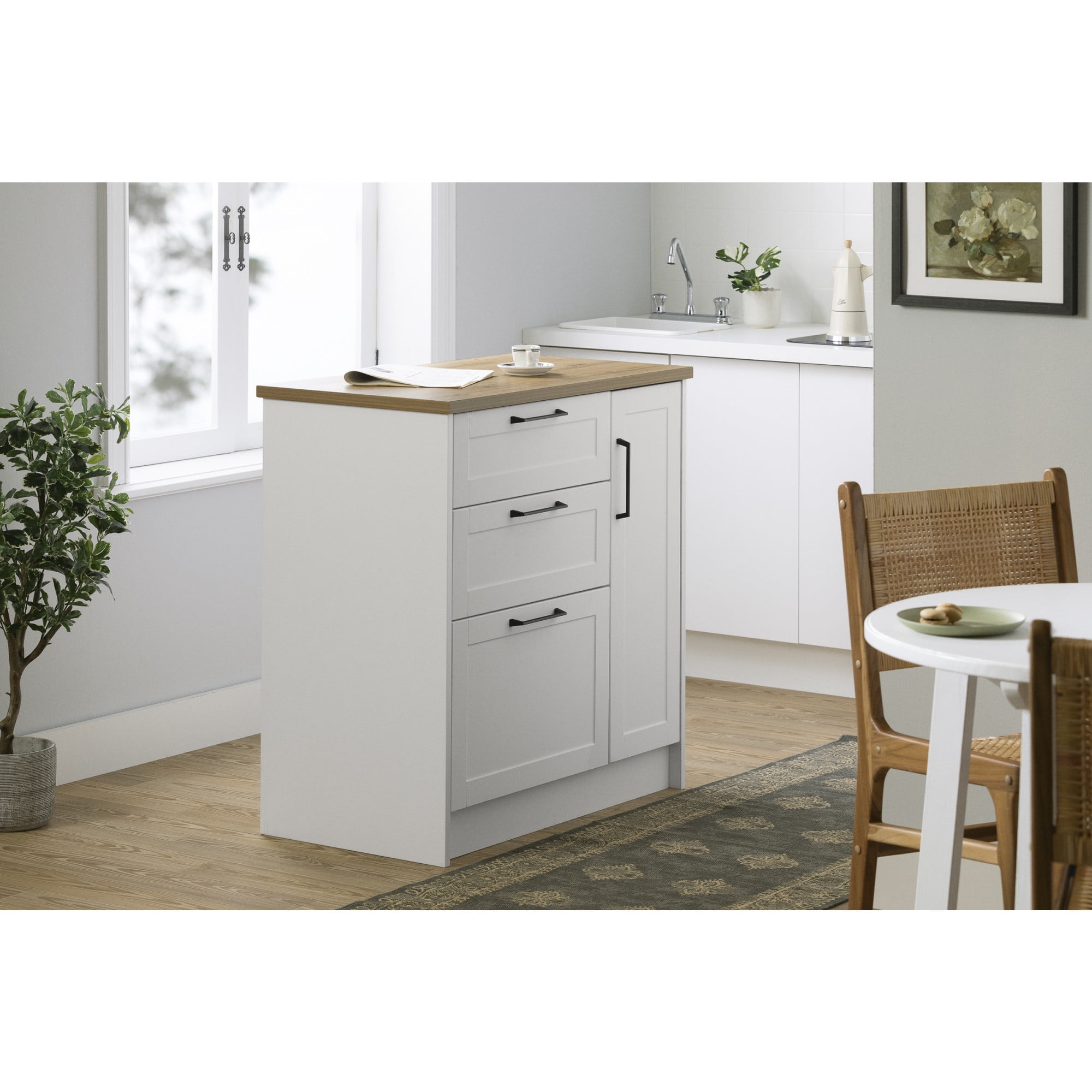 White and Maple Nutmeg Compact Kitchen Island with 3 Drawers