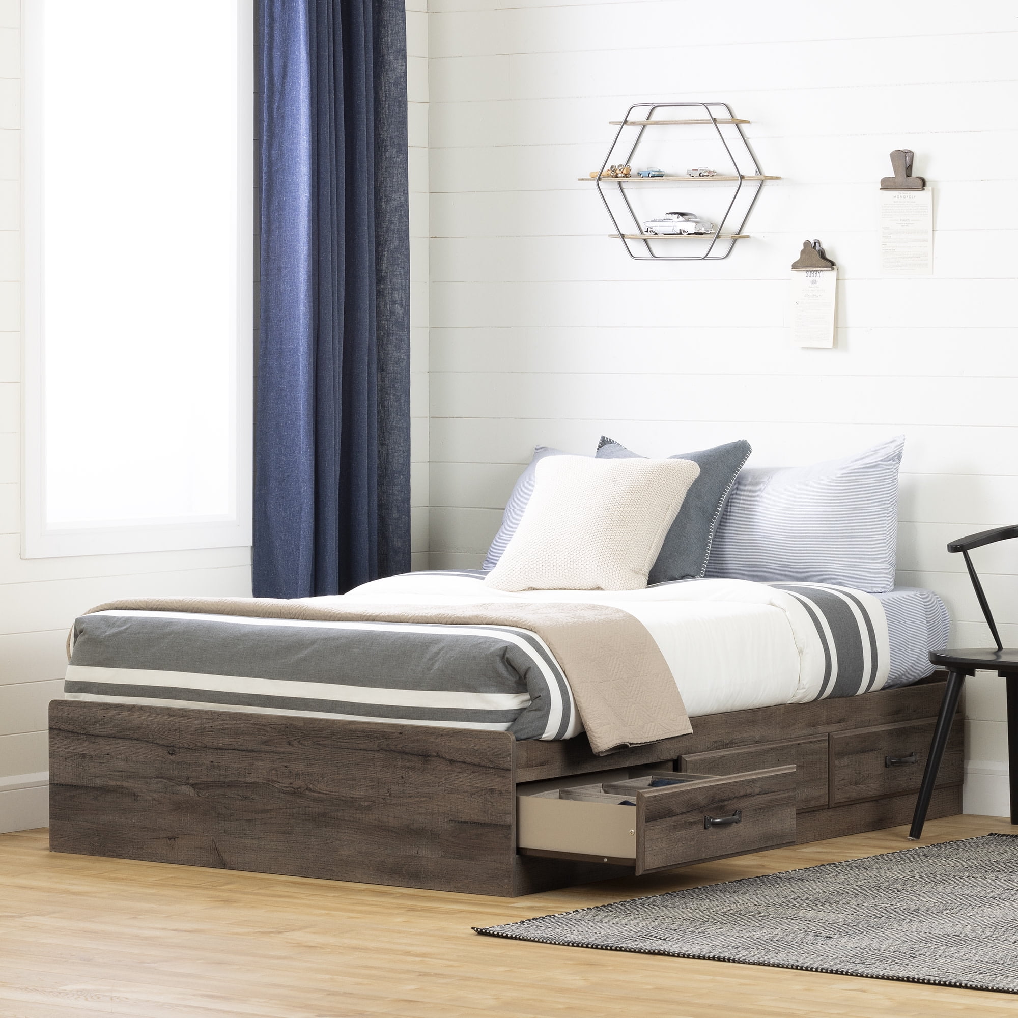 Full Fall Oak Engineered Wood Platform Bed with Storage Drawers