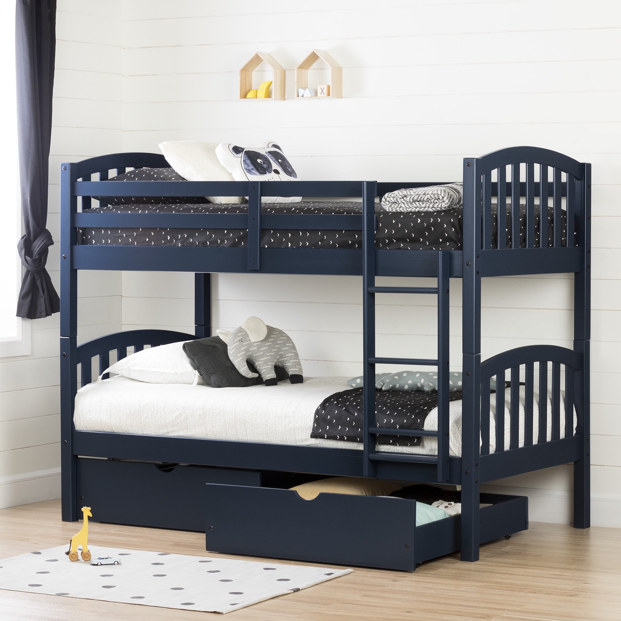 Navy Blue Twin Bunk Bed with Storage Drawers and Pine Frame