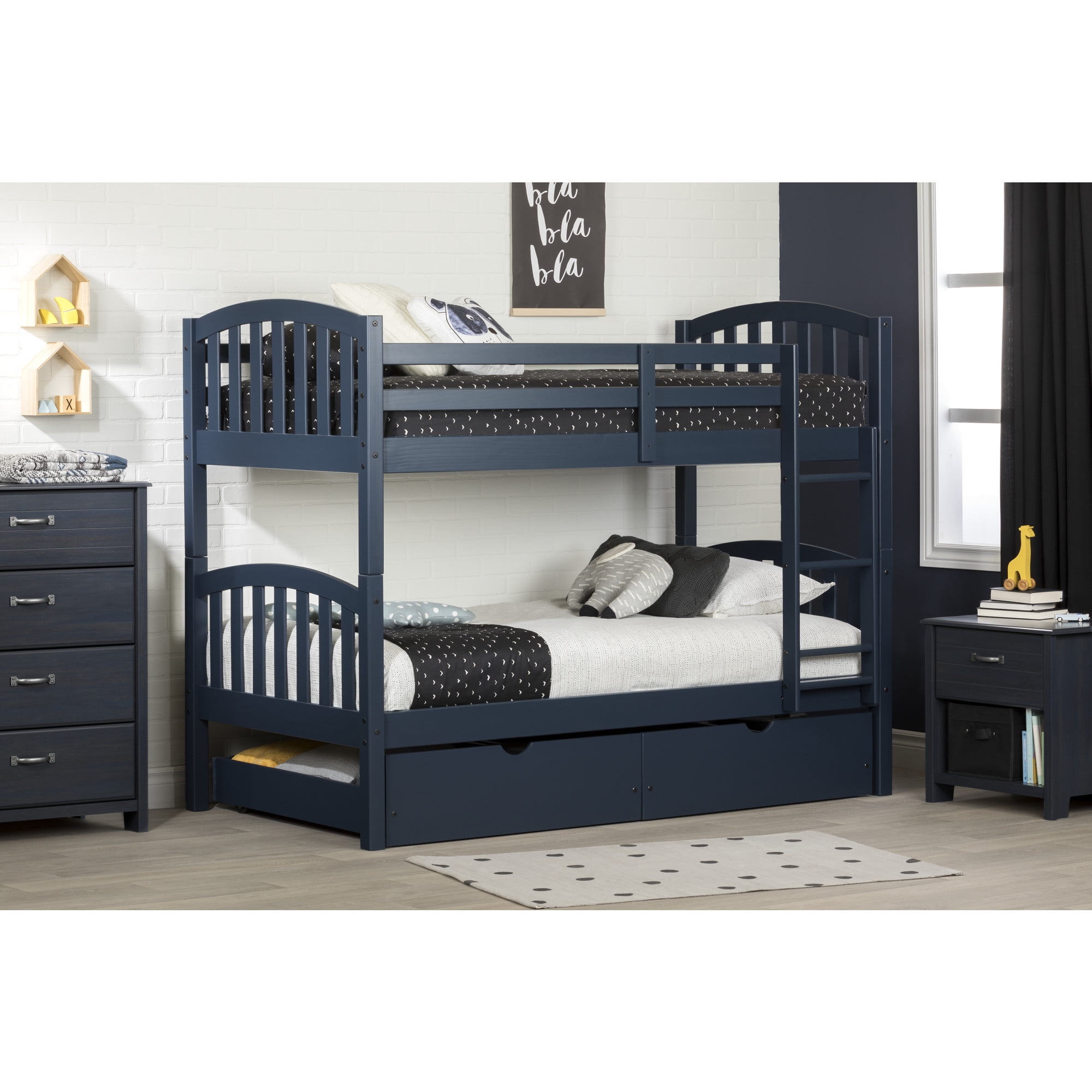 Navy Blue Twin Bunk Bed with Storage Drawers and Pine Frame