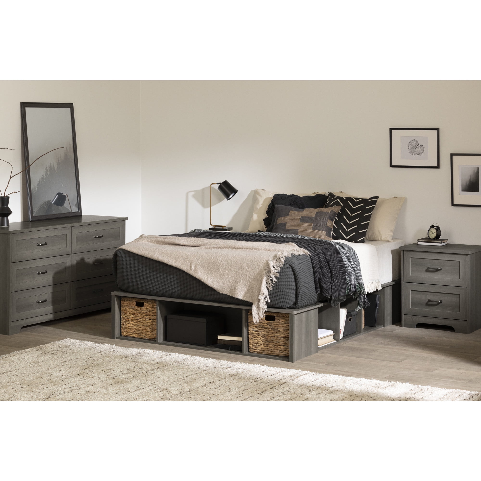 Gray Maple Queen Storage Bed with Wicker Baskets