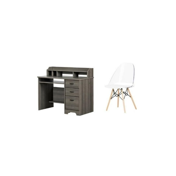 South Shore Versa Gray Maple Desk and 1 Annexe White Eiffel Style Chair Set