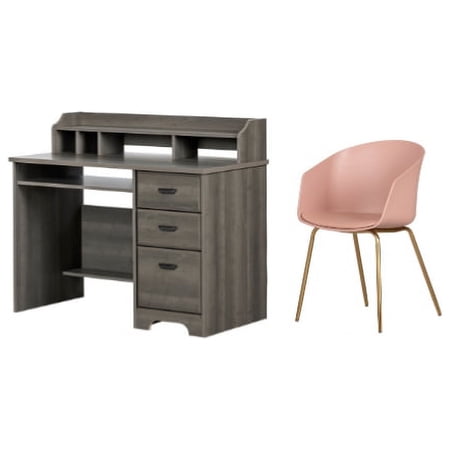South Shore Versa Gray Maple Desk and 1 Flam Pink and Gold Chair Set