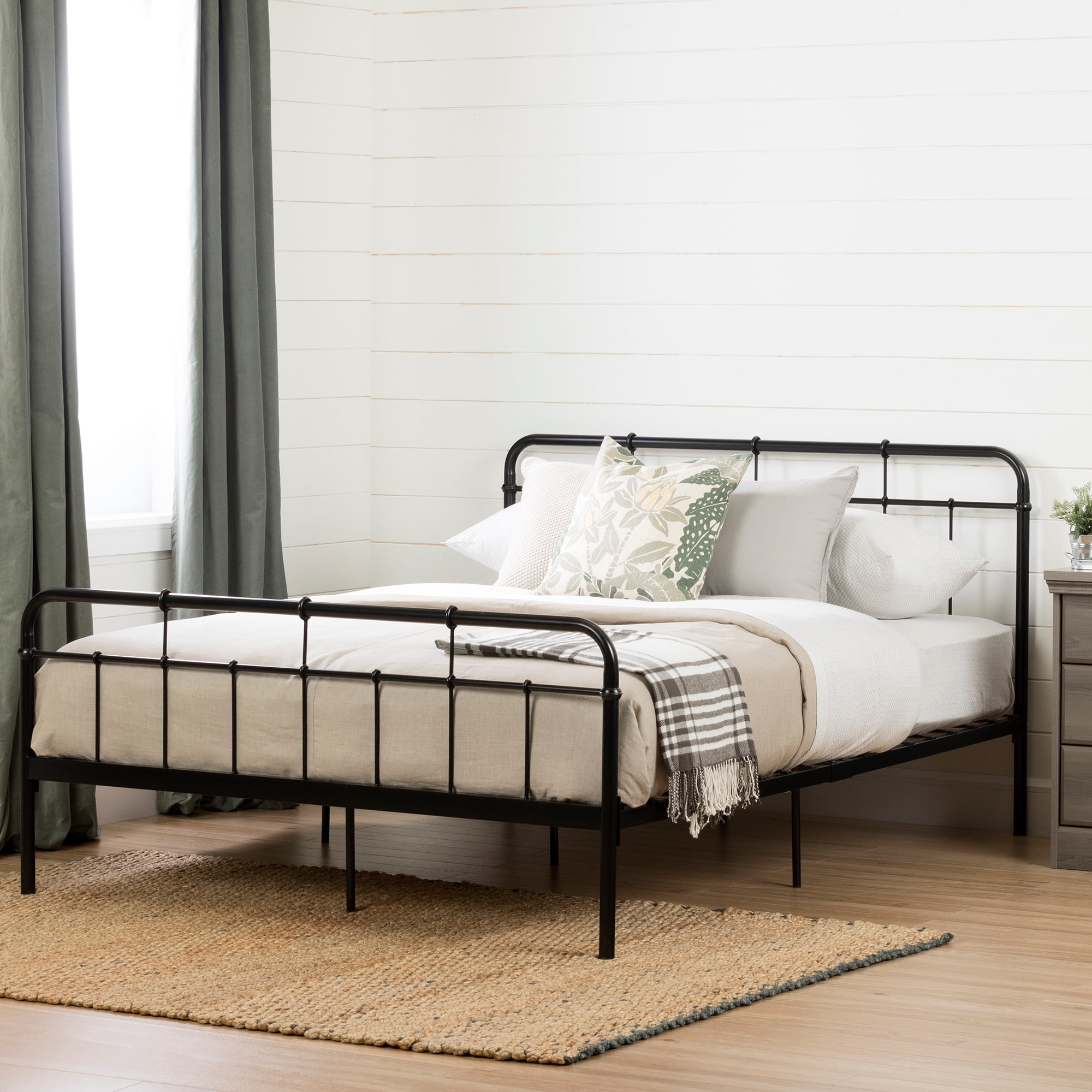 Black Metal Full Platform Bed with Headboard and Slats