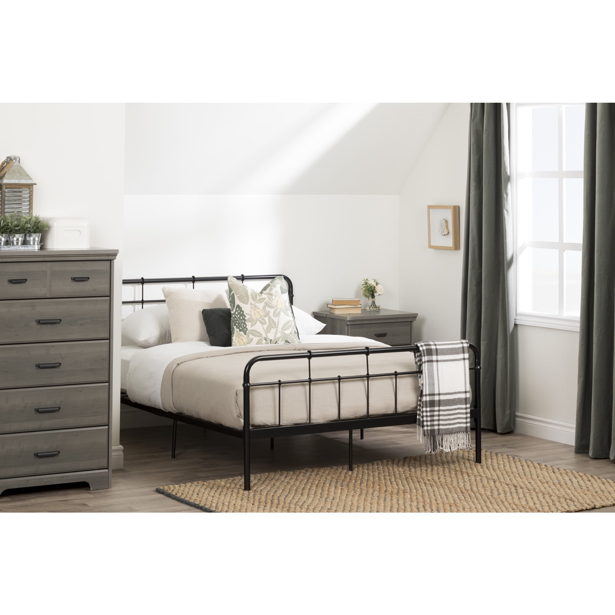 Black Metal Full Platform Bed with Headboard and Slats