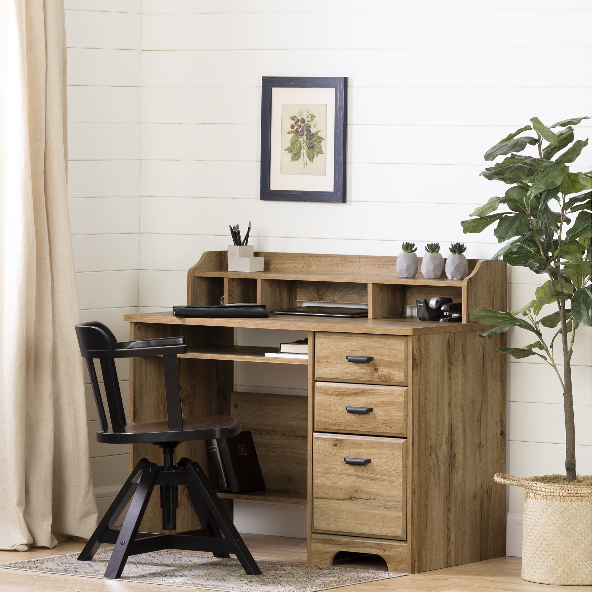 Nordik Oak Wood Computer Desk with Hutch and Drawers