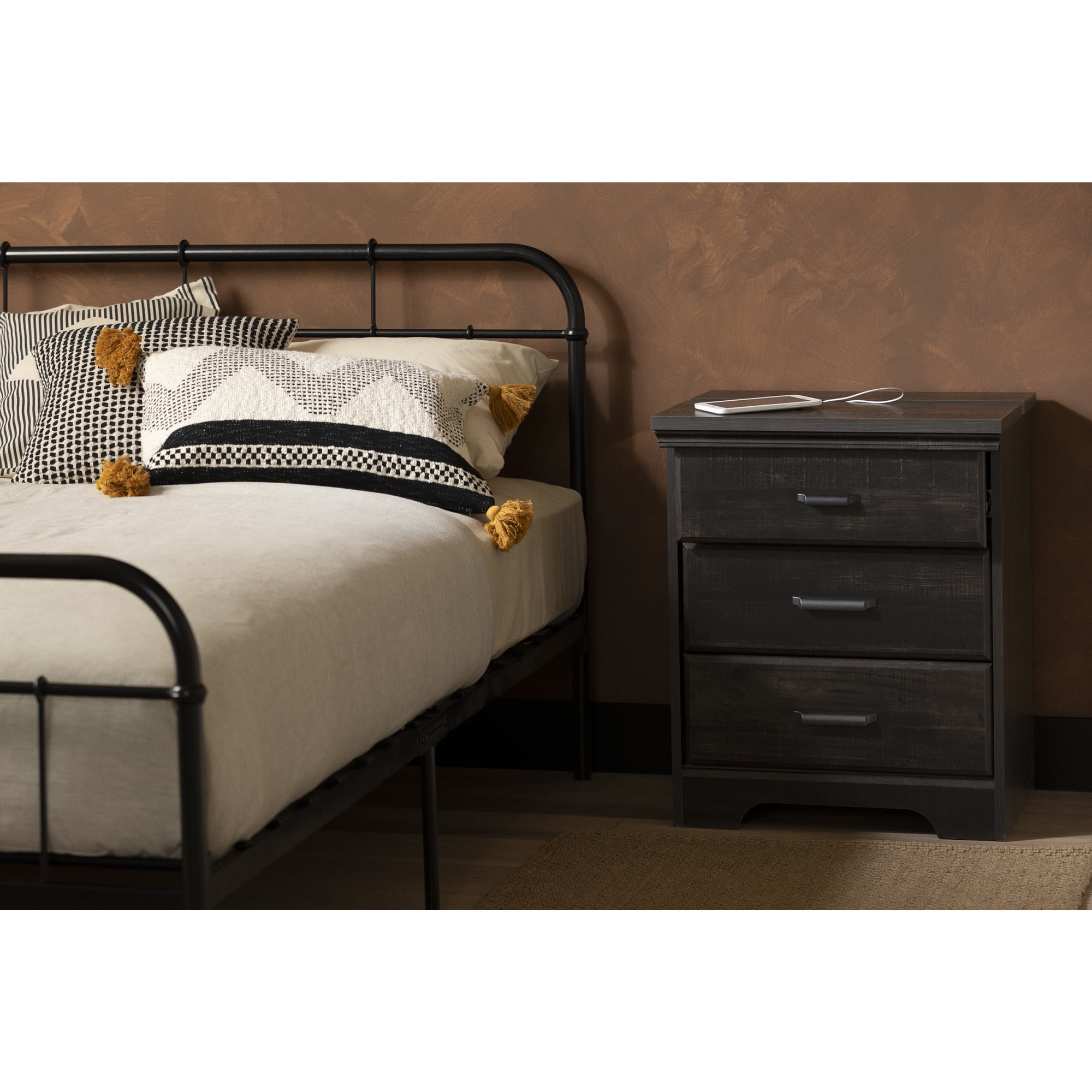 Rubbed Black 2-Drawer Nightstand with Charging Station