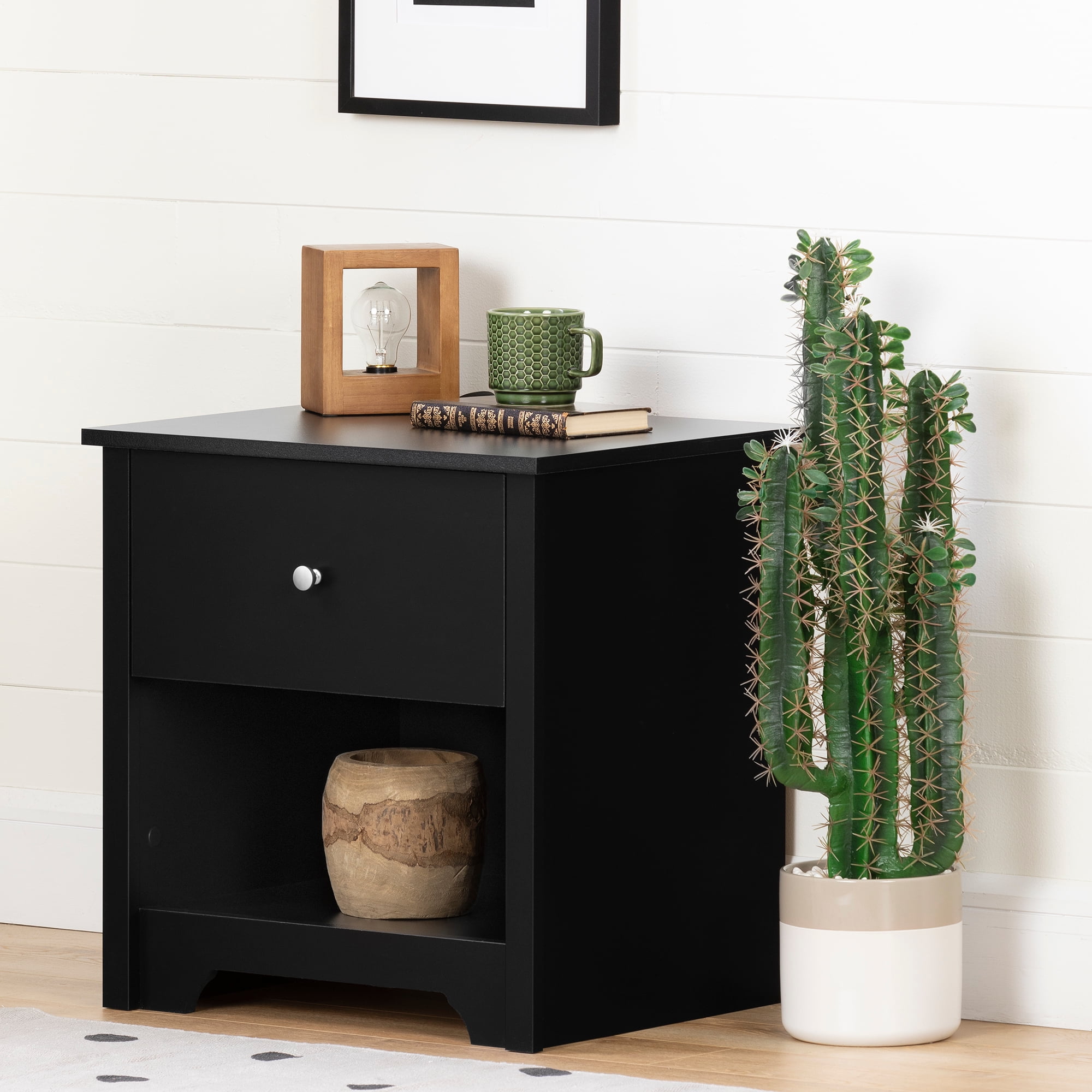 Black 1-Drawer Nightstand with Matte Nickel Handle