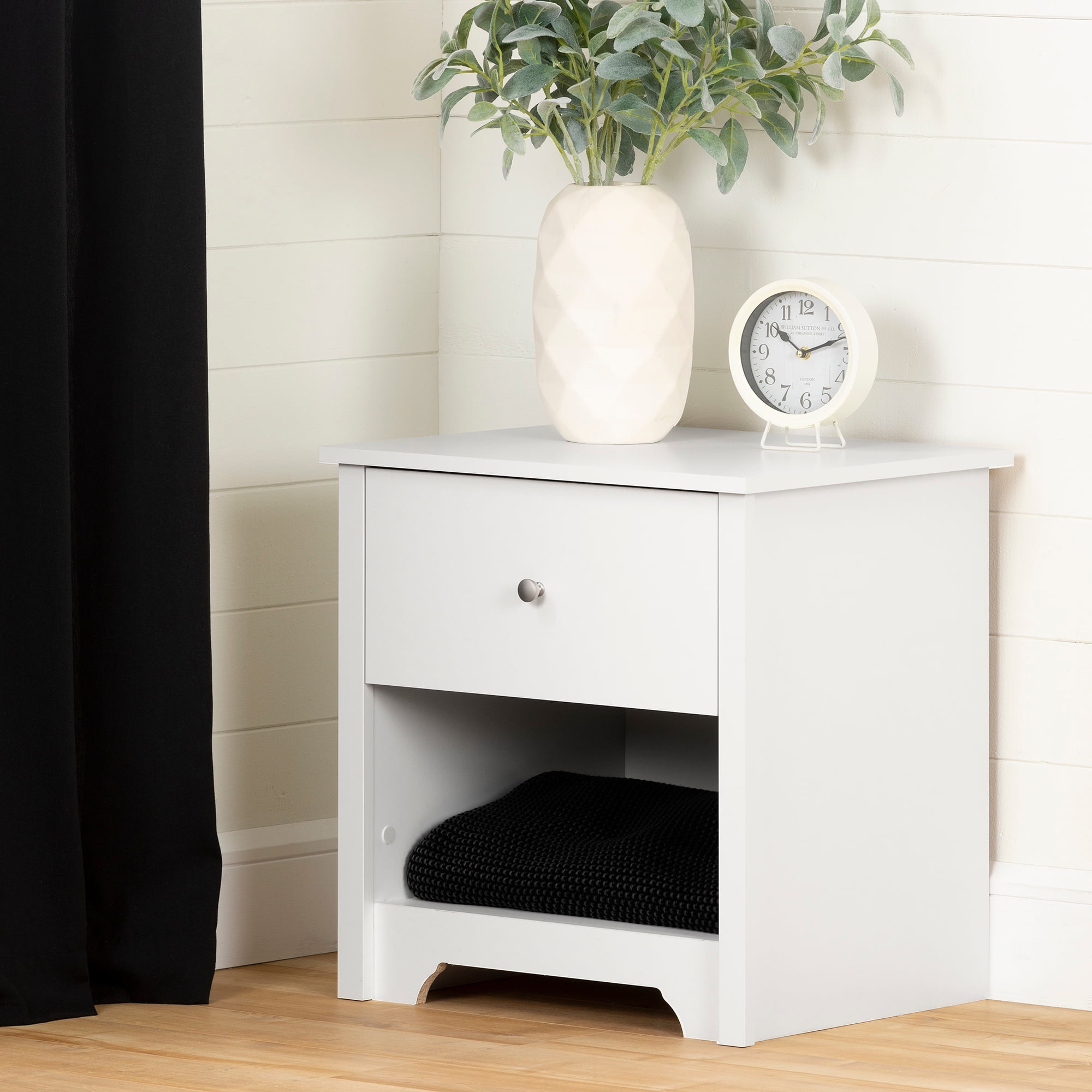 Pure White 1-Drawer Nightstand with Open Storage