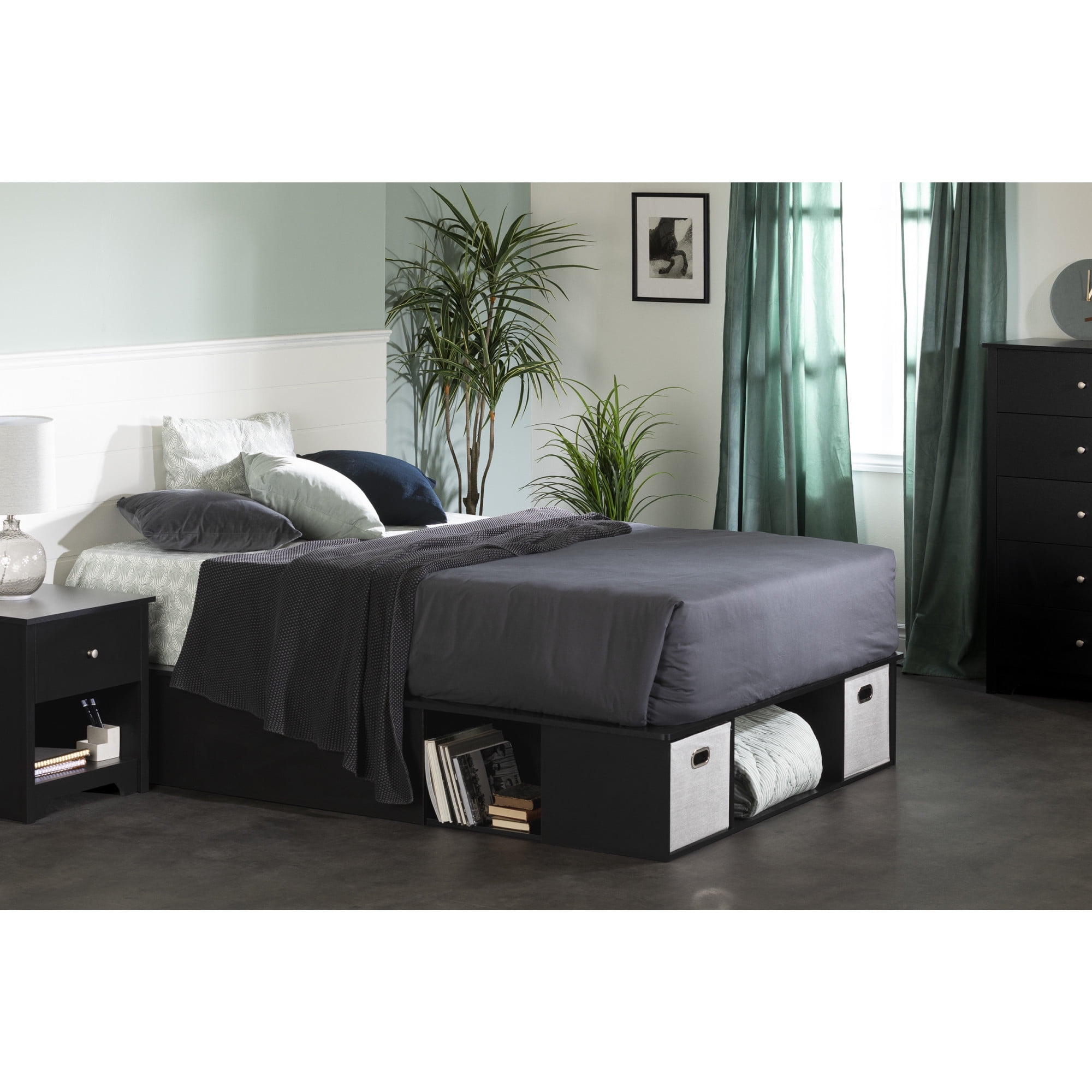 Full Black Upholstered Captain's Storage Bed with Drawers