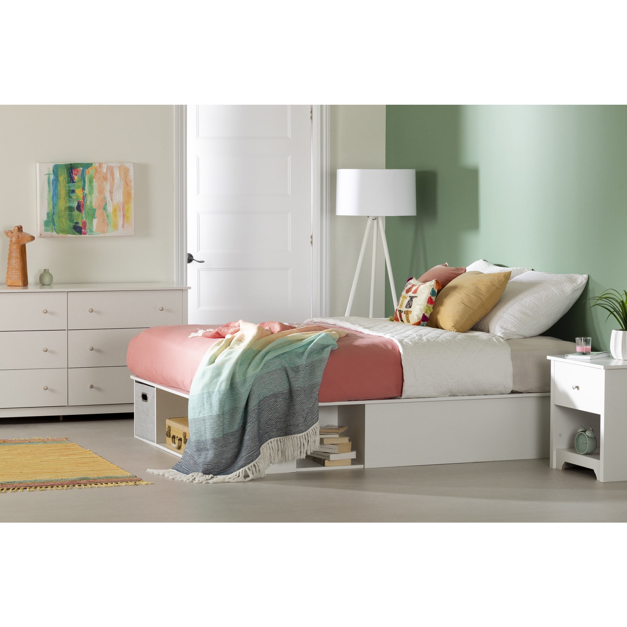 Full White Upholstered Captain's Storage Bed with Drawers
