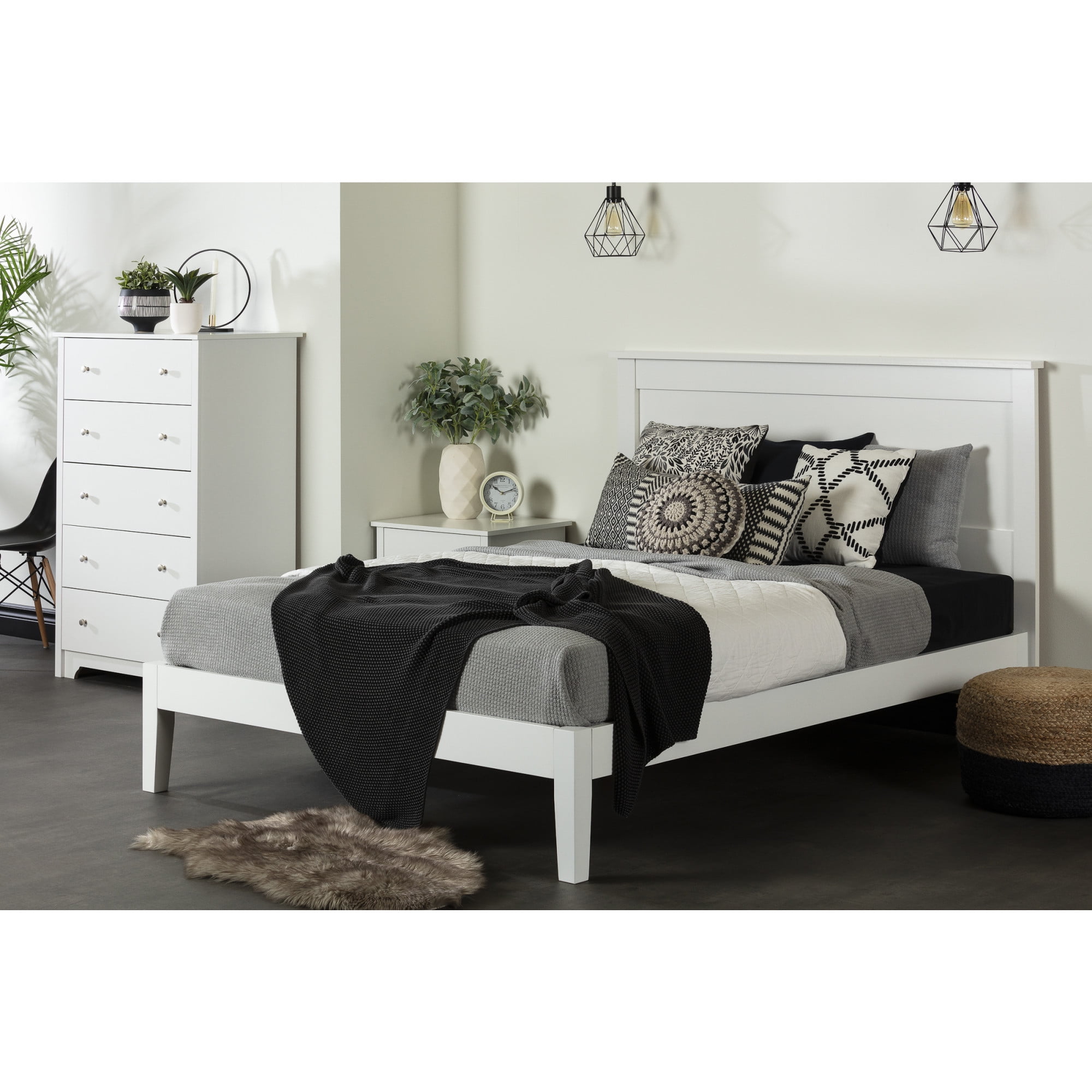 White Full Wood Platform Bed with Slats