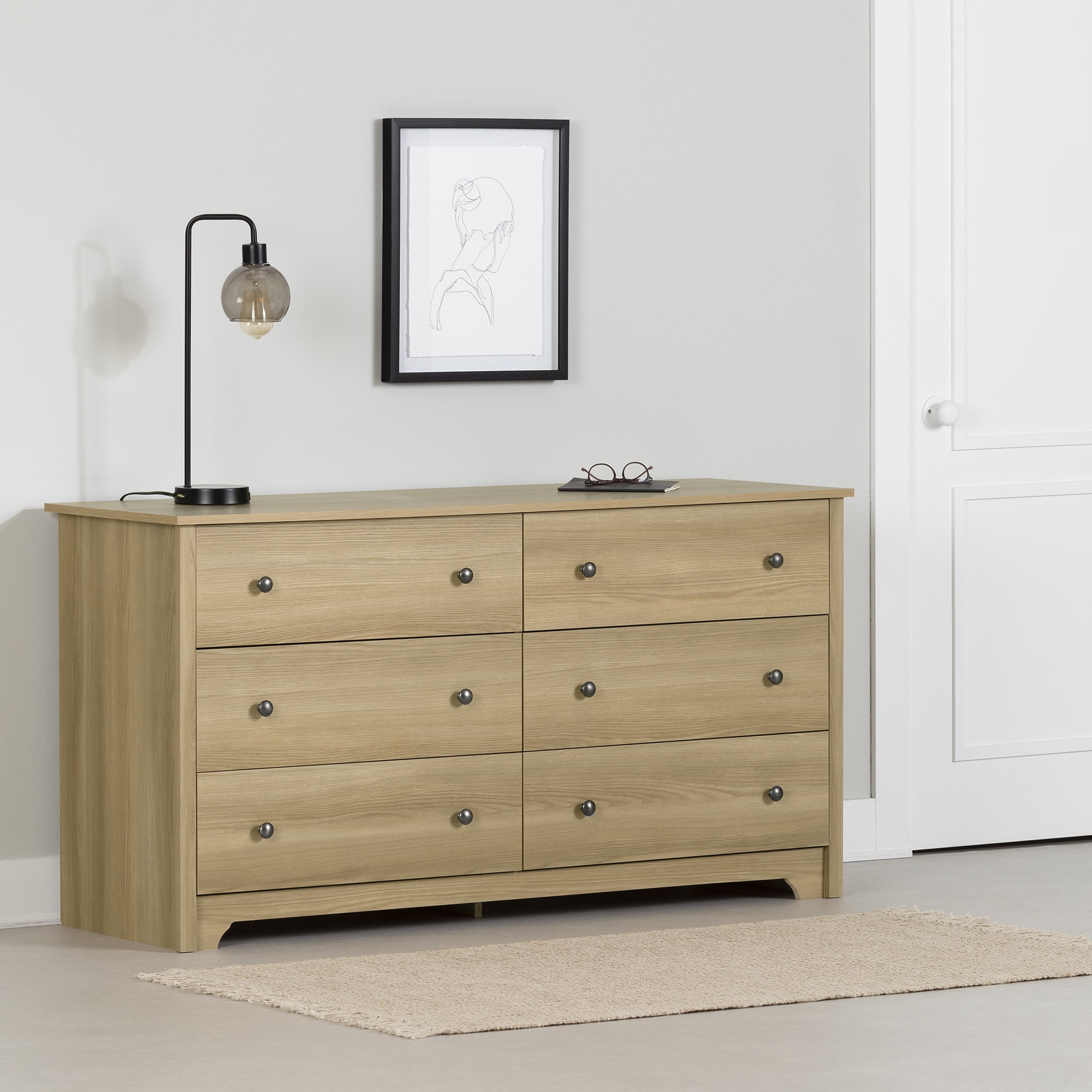 Natural Ash 6-Drawer Double Dresser with Metal Knobs