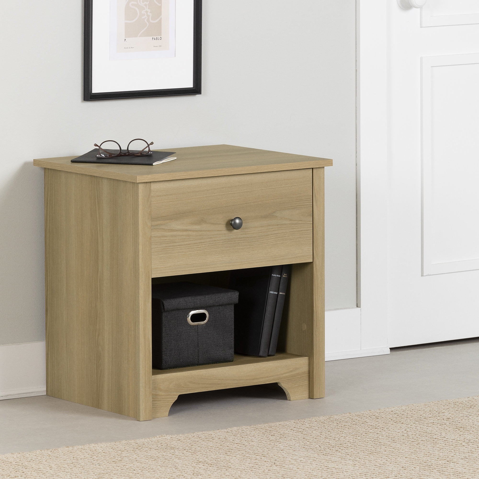 Natural Ash 1-Drawer Nightstand with Open Storage