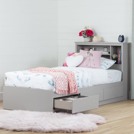 South Shore Vito, Contemporary Twin Mates Bed With Bookcase Headboard Set, Soft Gray